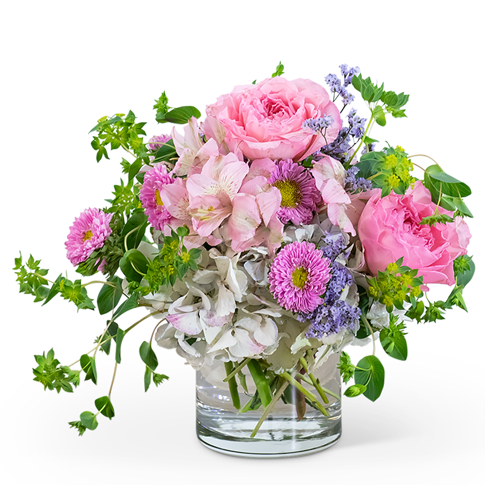 Darling One - Send your love with this beautiful design, perfect for a new baby gift. Darling One features pink Myra roses, soft pastel hydrangea, Matsumoto asters, pink alstroemeria, lavender Limonium, and bupleurum for a long-lasting floral experience perfect for the new little darling in your life!