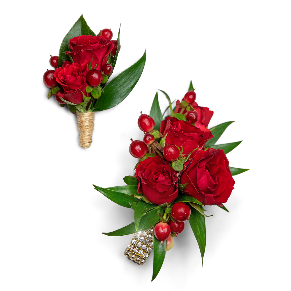 Crimson Corsage and Boutonniere Set Crimson Corsage and Boutonniere Set - Our Crimson Corsage and Boutonniere Set adds a touch of elegance, with a gathering of petite red roses and hypericum berry. It will add a lovely pop of red to your formal occasion.