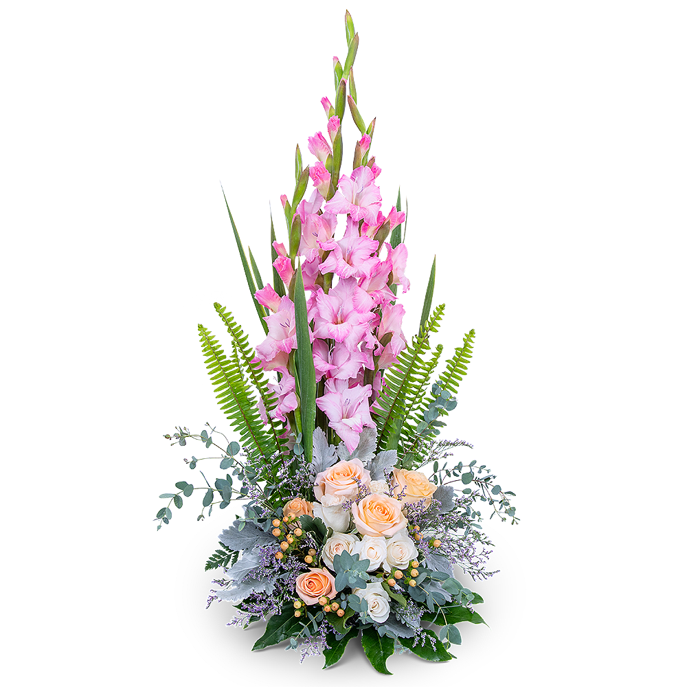Radiant Faith Radiant Faith - Radiant Faith is the perfect tribute or centerpiece for any life celebration. It features roses, Gladiolus, Hypericum Berry, Limonium, Sword Fern, and other premium foliage.