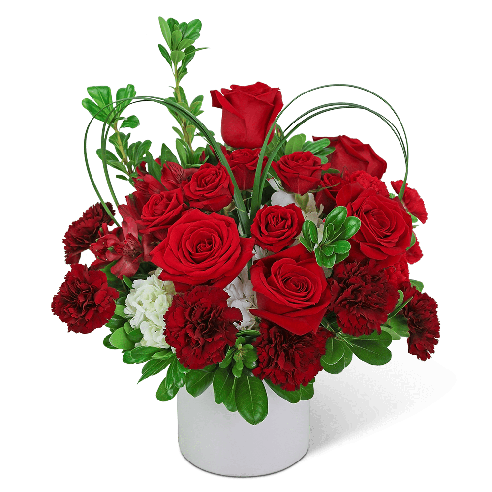 Heart Beats For You - Heart Beats For You is a very romantic gift! This fresh flower design is created with roses, alstroemeria, and carnations in a white vase. Whether you're looking for a gift for your Valentine or just to show someone how much you care, this design made up of red and white blossoms with a natural foliage heart accent makes it an exceptional gift for Valentine's Day. Whether you're looking for a gift for your Valentine or just to show someone how much you care, this romantic bouquet will surely convey your feelings.