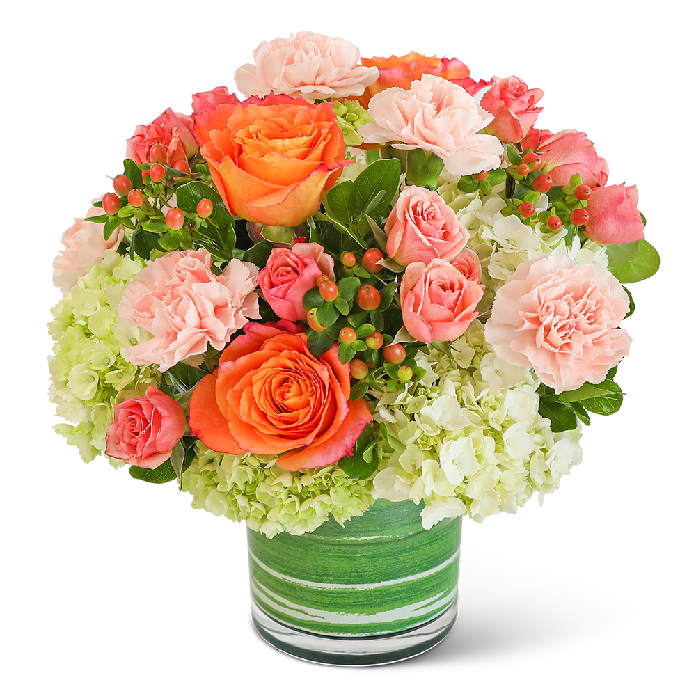 Coral Nectar - Send a message of love and hope with this beautiful flower arrangement. Brighten someone's day with the creatively designed Coral Nectar flower arrangement. Its highlighted flowers include Free Spirit Roses, carnations, hydrangea, spray roses, and assorted foliage. A stunning arrangement of fresh flowers is designed to brighten the room and lift the spirit, making someone’s birthday or get-well gift extra special.