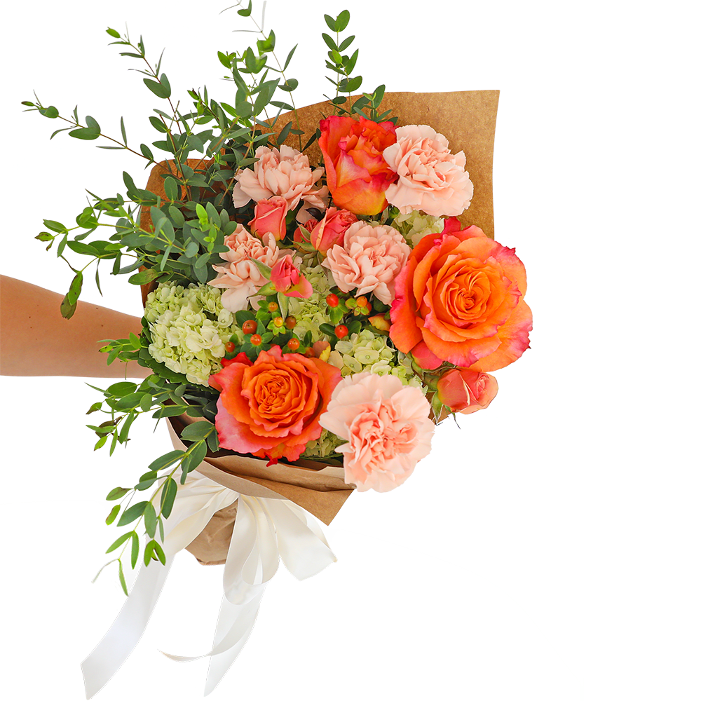 The Malibu Wrapped Bouquet - Our Malibu Bouquet features a variety of peach roses, peach carnations, hypericum berries, mini green hydrangea, and premium foliage in a hand-wrapped bouquet. This vibrant, hand-tied bouquet is the perfect gift for a friend, family member, or for yourself! Shop your local florist for the freshest and longest-lasting flowers and flower bouquets.