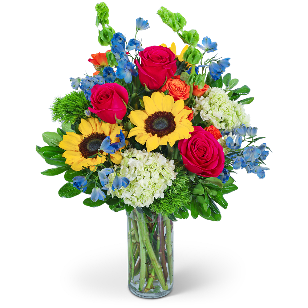 Havana Rose Garden - Experience the vibrance of our Havana Rose Garden flower design, an explosion of bright, bold colors that will infuse any space with energy and joy. This exuberant arrangement showcases a kaleidoscope of hues from the rainbow, featuring a mix of sunflowers, roses, hydrangeas, delphiniums, bells of Ireland, green trick dianthus, and lush foliage. Perfect for birthdays, anniversaries, or any occasion that calls for a burst of joy, the Havana Rose Garden flower design is a show-stopping gift that will leave a lasting impression.
