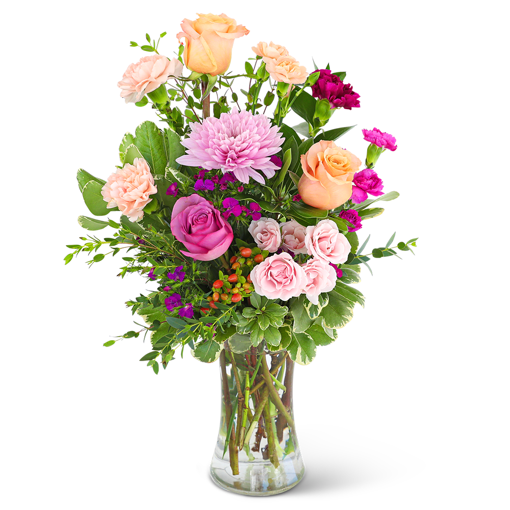 Pastel Perfection - Our Pastel Perfection flower design is a classic blend of Roses, Carnations, and Cremon Mums, with beautiful complementary foliage in a clear glass vase. These soft peach and pastel flowers mixed with the bold purple blooms make this the perfect gift for Mother's Day, a birthday, or just because. Send these gorgeous flowers to someone special and you'll make their whole week!