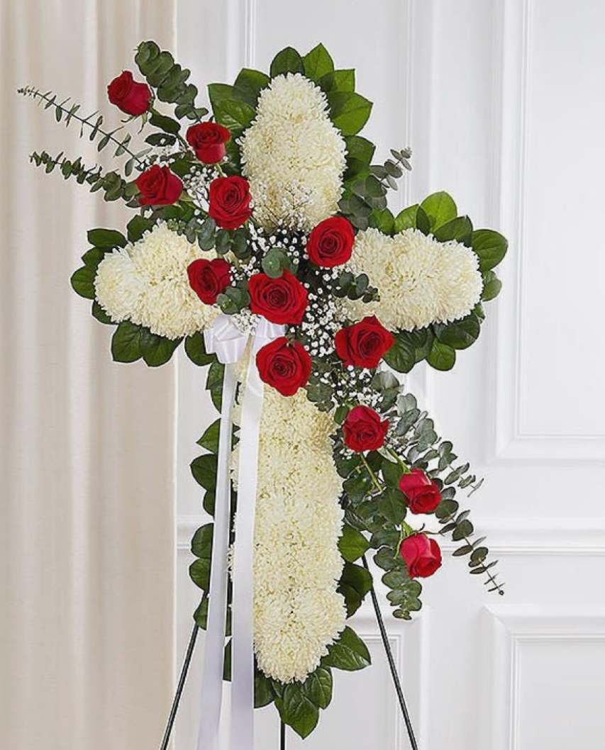 cross with red corsage cross with red corsage - cross with a diameter of 36" long and 24" wide