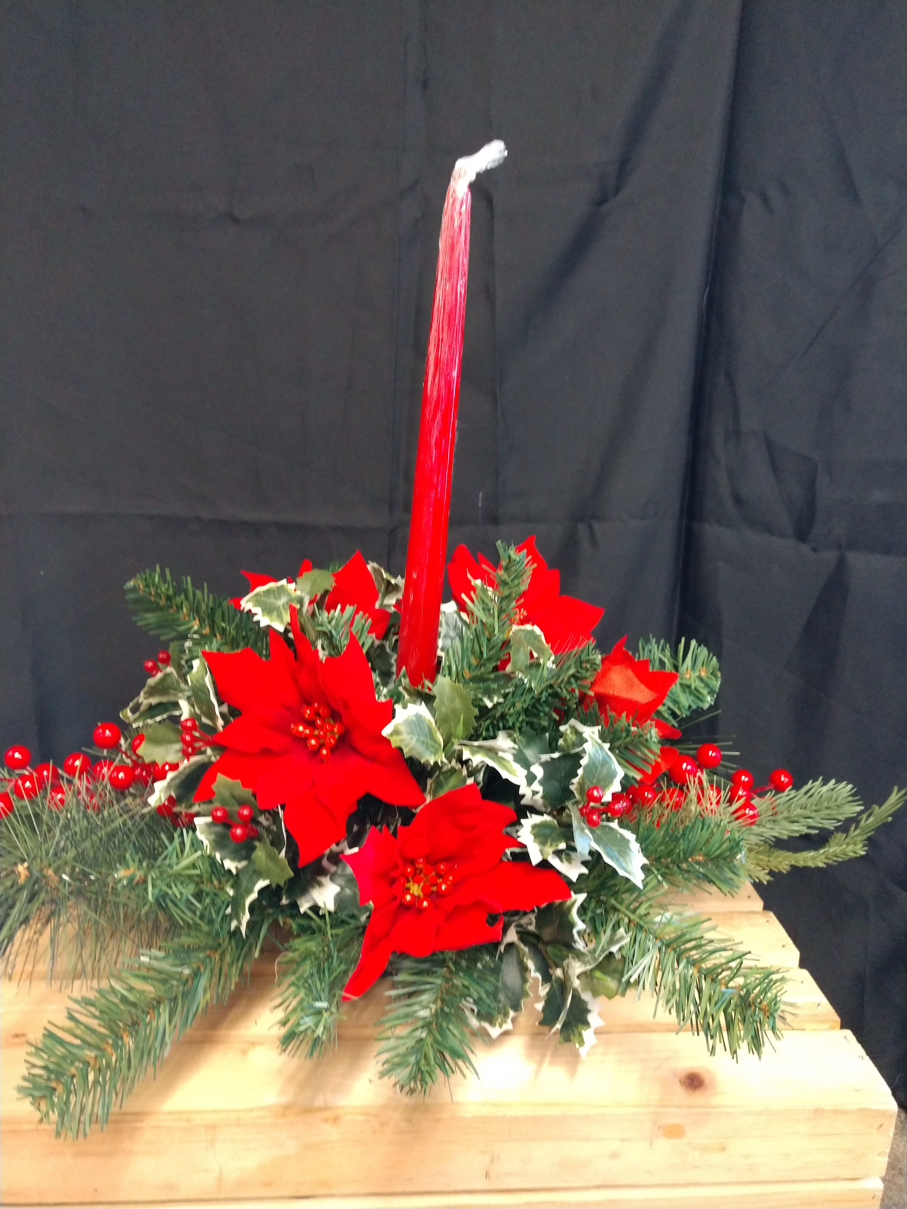Single candle silk Christmas centerpiece same day delivery  call 330-204-1100 - Single red candle silk flowers 24 in long 17 in high 14 in wide