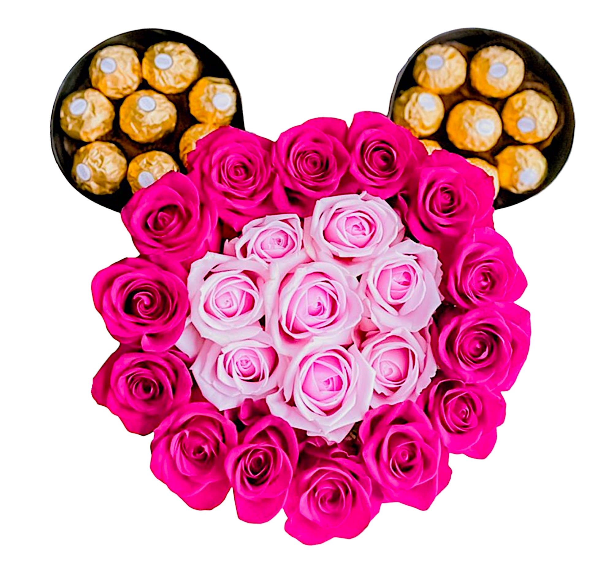 Pink Mickey Rose Sweetness Box - A modern flower arrangement in a Mickey box filled with roses &amp; Ferrero Rocher Chocolates.  DETAILS This Mickey box arrangement includes fuchsia and pink roses, and for an extra treat, Ferrero Rocher Chocolates.   MICKEY BOX CONTAINER INCLUDED Orientation: All-Around Item #NF-920  FLORIST-TO-DOOR Same day flower delivery on most orders placed online by 12 pm or 10 am on weekends PST.  BLOOM DETAILS Roses  The Standard Arrangement (Shown) 22 Roses &amp; 16 Ferrero Rocher Chocolates The Deluxe Arrangement  The Premium Arrangement   How to place an order? 1. You can place an order directly on this secure website OR 2. You can call in your order by dialing: (323) 262 - 9238 OR 3. You can visit our store (appointment recommended 323.262.9238)  NINFA'S FLOWERS 2405 WHITTIER BLVD. LOS ANGELES, CA. 90023  ATTENTION: *Please note that on busy holidays, Valentine's Day, and Mother's Day, we cannot verify if the recipient received the flowers until the following day. You can verify delivery on the website after 10:00 pm, call 323.262.9238 the following day after 10:00 am, or contact the recipient directly. Thank you for your patience and understanding.