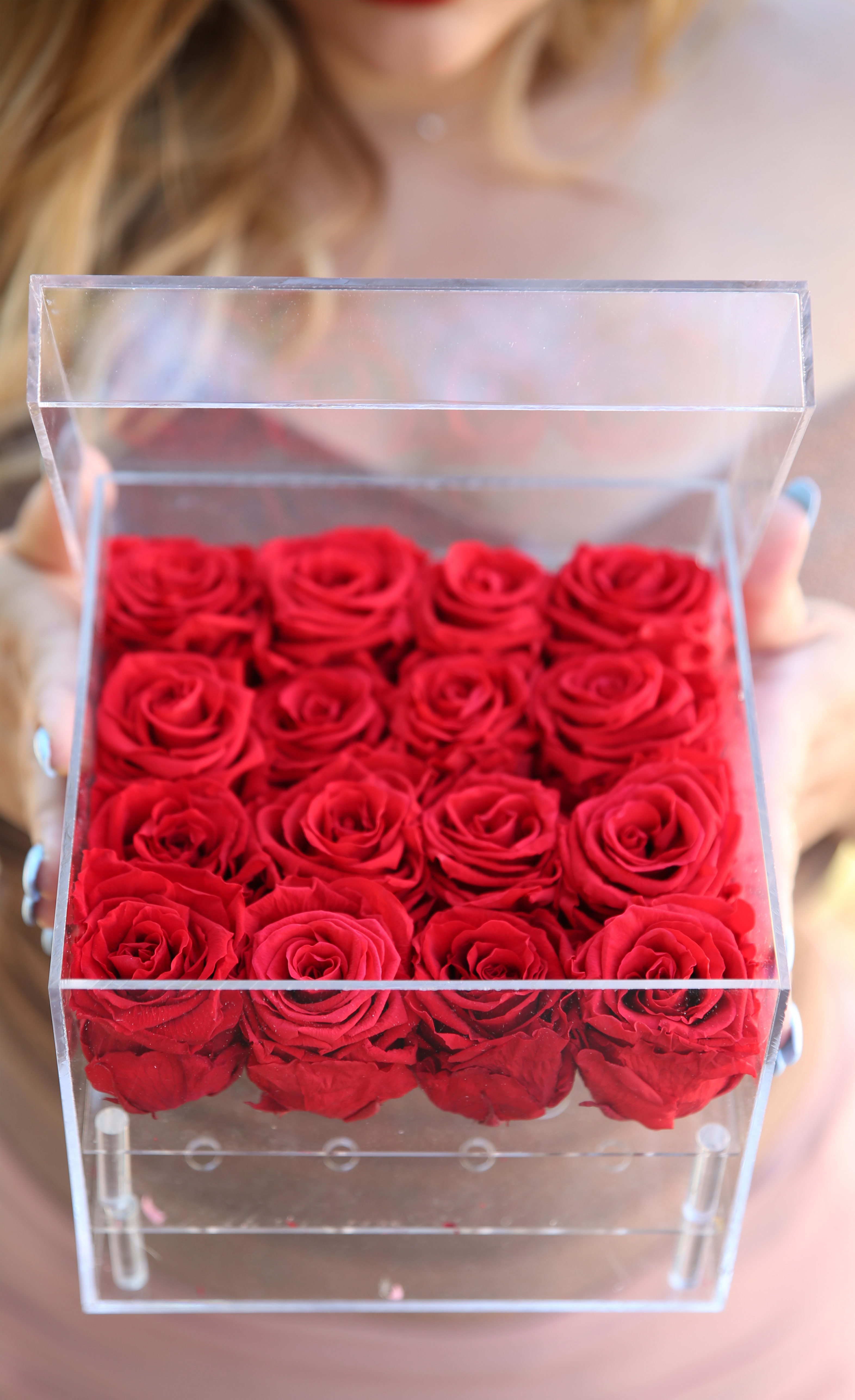 Medium Clear Case - 16 All Year Roses in Ruby Red - Meet our everlasting roses! These are REAL roses that can last for up to a year! This case is composed of 16 Ruby Red Everlasting Roses. While supplies last, color subject to change based on availability.   About: Our everlasting roses, are imported directly from Ecuador where they are treated with a proprietary solution and color pigmentation process that transforms them into long lasting roses that maintain their freshness and biological structure. The roses are treated using a non-toxic and non-allergenic wax formula that is similiar to silica. The outcome is that our roses continue to look and feel like real roses - because they are real - with the difference being that they will maintain their integrity and color for up to a year.  Maintenance: The only maintenance they require is a light dusting from time to time. Do NOT water the roses. Do NOT remove the roses from their container. Do NOT place anything onto the roses as they can crush and damage them. Avoid direct exposure to sunlight. Keep the arrangement in a room temperature environment. Please note, the lid is meant to stay on the side or bottom of the box. Positioning dark colored roses next to light color roses may result in the darker rose color bleeding onto the light roses.