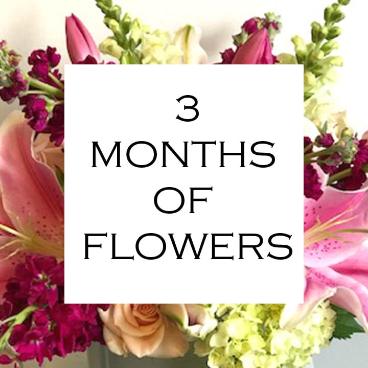 3 Months of Flowers 3 Months of Flowers - Special friends, family and colleagues deserve unique expressions of affection and gratitude. That is why we've created an easy way for you to give them something special. Your recipient will receive a beautiful mixed arrangement of fresh seasonal blooms once a month for 3 months. Choose from 3 sizes/price points below. Six or twelve month programs also available. Standard - 4" cylinder vase with a lush mix of seasonal blooms. Measures approximately 7"-8" tall and 7" wide. Deluxe - 5" cylinder vase with a lush mix of seasonal blooms. Measures approximately 10" tall and 10" wide. Premium - 6" cylinder vase with a lush mix of seasonal blooms. Measures approximately 12" tall and 12" wide PLEASE NOTE: Price includes delivery. Due to the way our shopping cart is set up, there will be a small delivery charge added upon check out but this has been taken into consideration and has been adjusted in the item price.