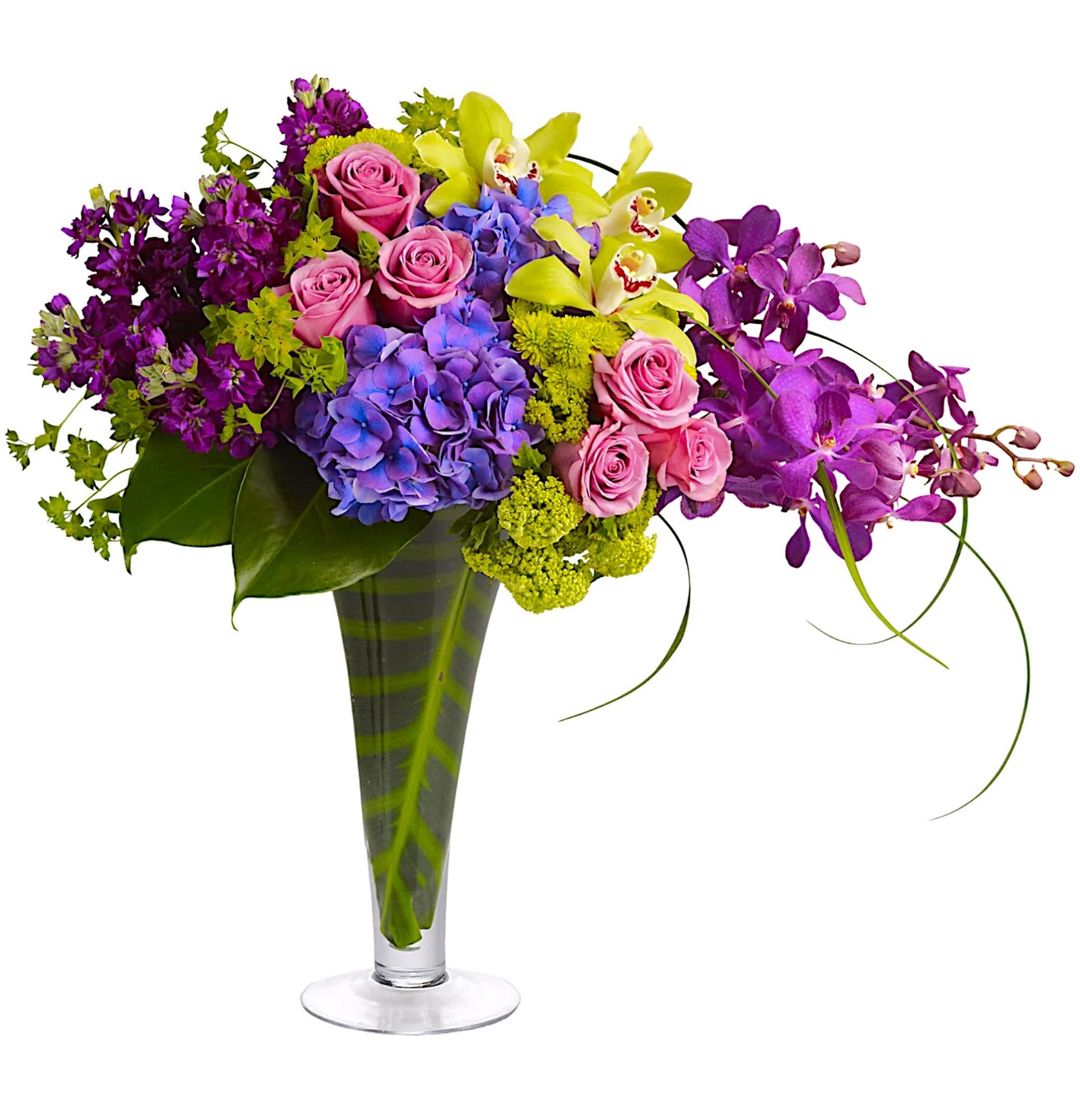 Your Majesty Flower Arrangement - Turn heads with this ,  The tropical, majestic array of blooms arrangement is artistically arranged in a tall vase for maximum impact.   DETAILS Purple hydrangea, green cymbidium orchids, purple mokara orchids, lavender roses, green viburnum, green button spray mums &amp; purple stock are elegantly mixed with greens such as bupleurum, calathea leaves, philodendron leaves and lily grass.  VASE INCLUDED Orientation: One-Sided Item #NF-11  FLORIST-TO-DOOR Same day flower delivery on most orders placed online by 12 pm or 10 am on weekends PST.  BLOOM DETAILS Cymbidium Orchids Mokara Orchids Roses Viburnum Button Mums Hydrangea Stock Bupleurum Filler Greenery  The Standard Arrangement is approx. 21&quot; H x 23&quot; W. (SHOWN) The Deluxe Arrangement is approx. 24&quot; H x 25&quot; W. The Premium Arrangement is approx. 24&quot; H x 25&quot; W.  How to place an order? 1. You can place an order directly on this secure website OR 2. You can call in your order by dialing: (323) 262 - 9238 OR 3. You can visit our store (appointment recommended 323.262.9238)  NINFA'S FLOWERS 2405 WHITTIER BLVD. LOS ANGELES, CA. 90023  ATTENTION: *Please note that on busy holidays, Valentine's Day, and Mother's Day, we cannot verify if the recipient received the flowers until the following day. You can verify delivery on the website after 10:00 pm, call 323.262.9238 the following day after 10:00 am, or contact the recipient directly. Thank you for your patience and understanding.