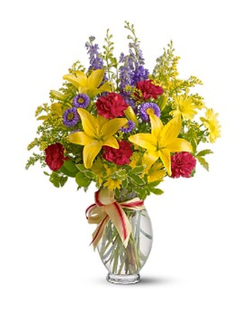 Sunny Side Sunny Side - Send in the Sunshine with this Bright and Beautiful Bouquet if Yellows Reds Purples. So Bright and Cheerful