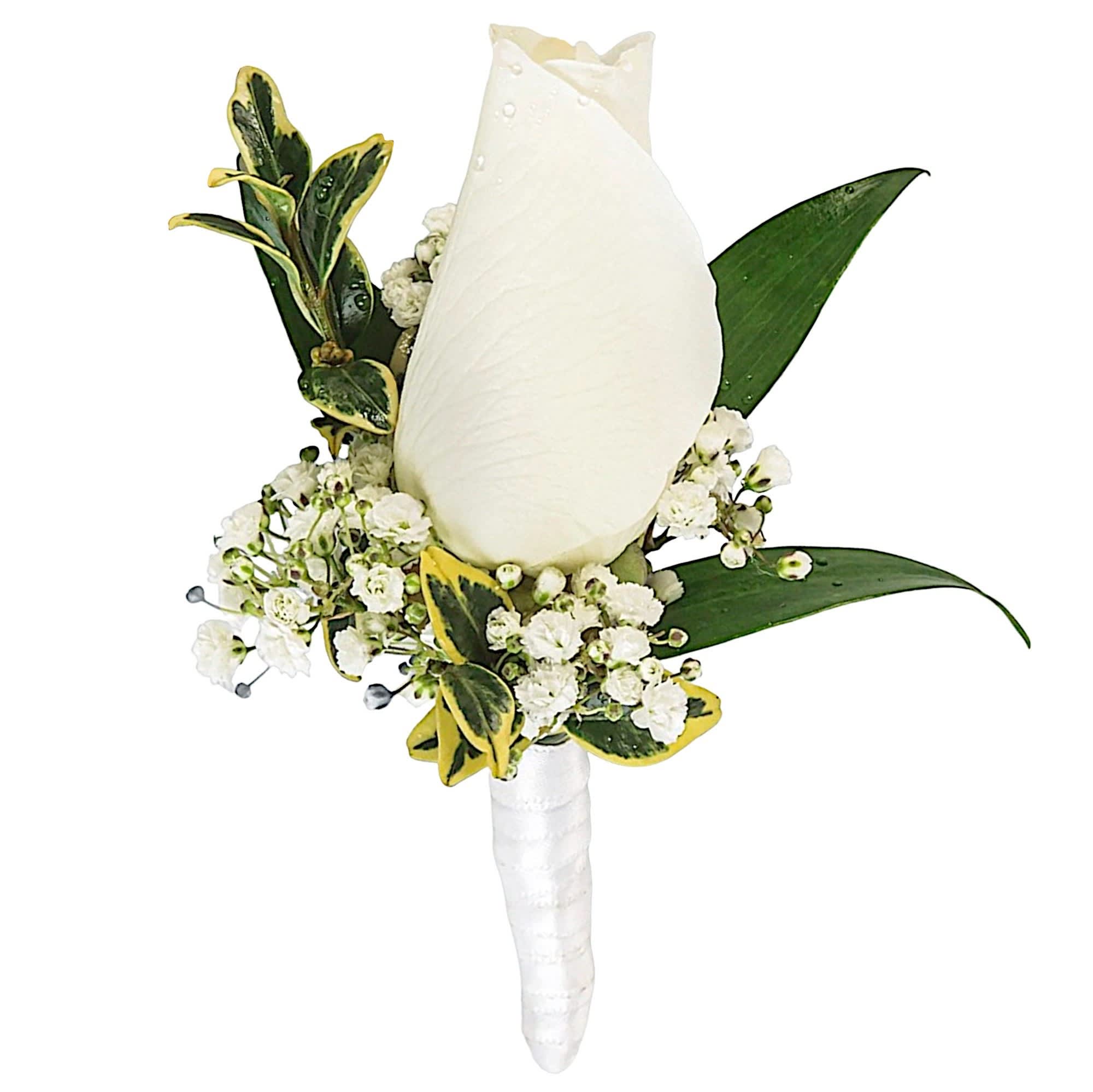 White Rose Boutonnière by BloomNation™  - Order a Fresh Flower Corsage or Boutonniere for Your Prom or other Special Occasion. Frequently, both the corsages &amp; boutonnieres are ordered at the same time. Doing so helps ensure that the flowers match.  DETAILS With our flower sets you will look great in your prom photos. Ninfa's Flowers has the best selection of prom flowers. Prom is one of the biggest events of your young life, make it memorable!  RIBBON INCLUDED Item #NF-867 Orientation: One-Sided  FLORIST-TO-DOOR or PICK-UP FROM OUR STORE Same day flower delivery on most orders placed online by 12 pm or 10 am on weekends PST.  BLOOM DETAILS Sweetheart Roses Baby's Breath Filler Greenery  The Standard is approx. 3 1/2&quot; W x 5 1/2&quot; H. Boutonniere Only. The Deluxe includes the Corsage and Boutonniere. The Corsage is approx. 4 1/2&quot; W x 7 1/2&quot; H.  How to place an order? 1. You can place an order directly on this secure website OR 2. You can call in your order by dialing: (323) 262 - 9238 OR 3. You can visit our store (appointment recommended 323.262.9238)  NINFA'S FLOWERS 2405 WHITTIER BLVD. LOS ANGELES, CA. 90023  ATTENTION: *Please note that on busy holidays, Valentine's Day, and Mother's Day, we cannot verify if the recipient received the flowers until the following day. You can verify delivery on the website after 10:00 pm, call 323.262.9238 the following day after 10:00 am, or contact the recipient directly. Thank you for your patience and understanding.