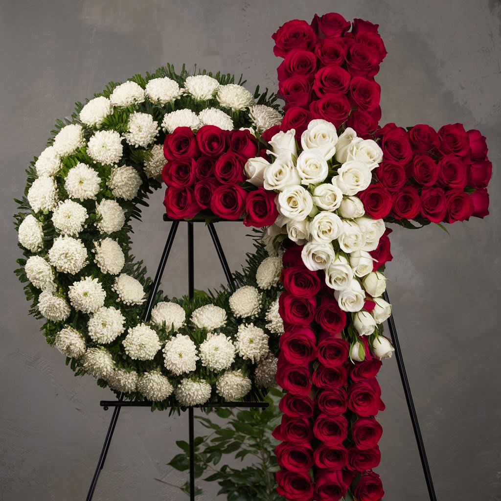 Rose and Cross standing Wreath - Red and White Roses A stunning floral arrangement featuring a 24-inch circle wreath adorned with white cushion mums, creating a symmetrical and elegant design. The Right side of the wreath holds a 24-inch cross surrounded by vibrant red roses. A  white rose bouquet runs through the left to the right of the cross, adding a touch of contrast and depth. #sympathyflowers, #redcross, #flowersinhayward, #wreath, #redroses