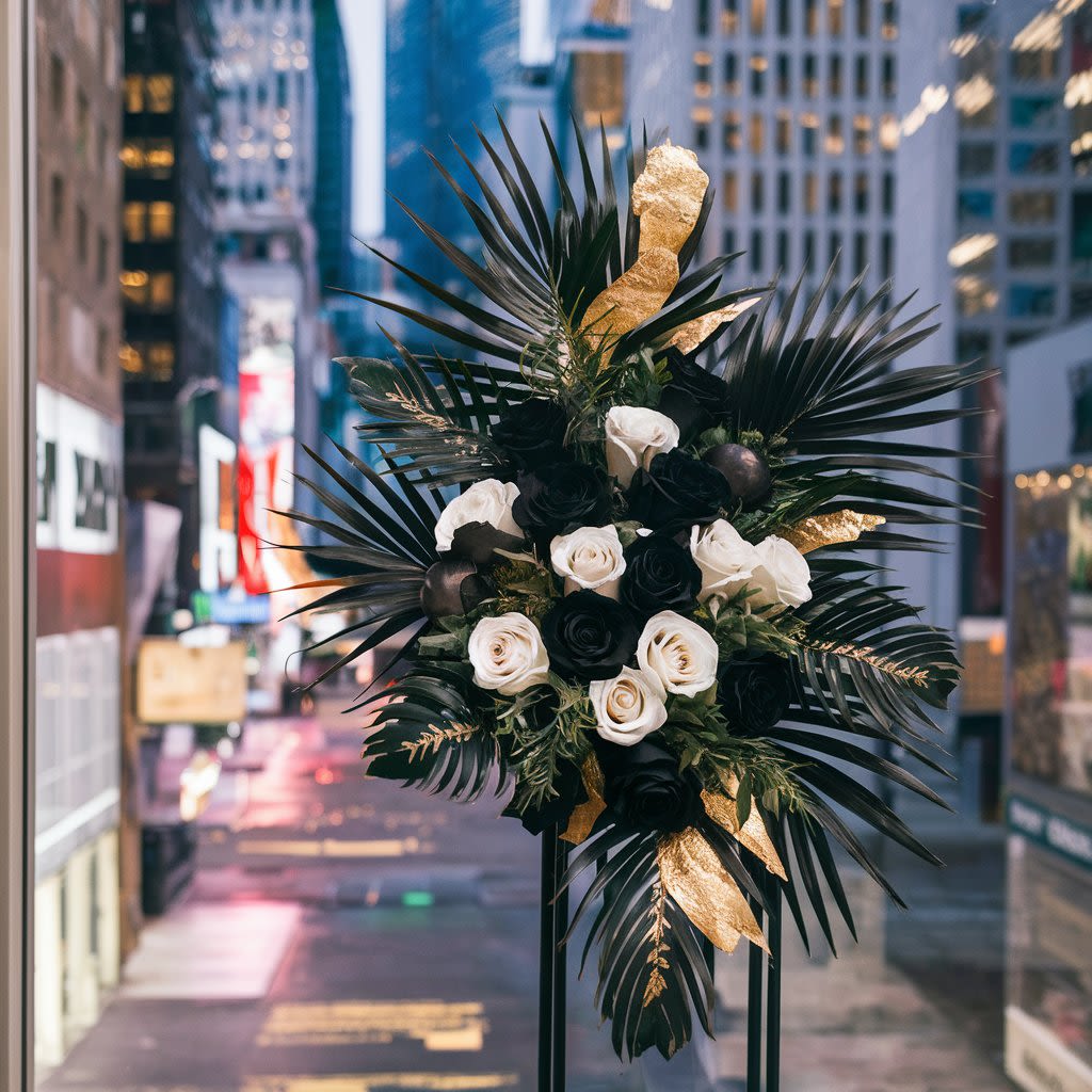 Urban sophistication - A stunning  and sophisticated black and gold standing  display. The arrangement includes striking black and white roses, a dramatic black palm, elegant tea leaves, and luxurious gold leaf  that reflect the urban sophistication of the floral design.