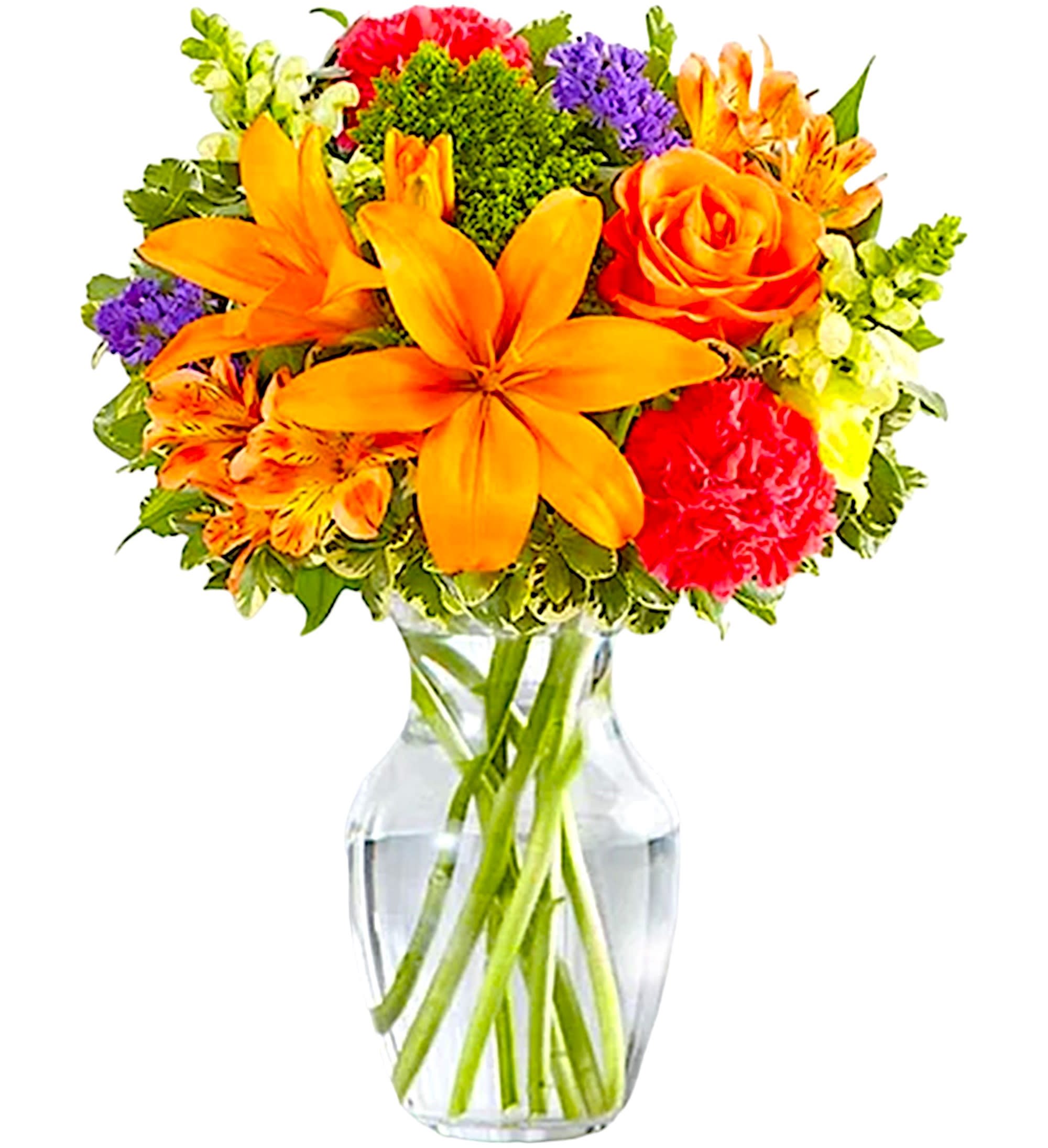 Vibrant Floral Medley - Putting a bright start in somebody’s day starts with a beautiful gift. Our delightfully vibrant arrangement is filled with a medley of blooms in cheerful pops of orange, hot pink and yellow, with plenty of lush greenery mixed in. It’s the perfect pick-me-up surprise, whatever the sentiment.  DETAILS Orange roses, Asiatic lilies &amp; Peruvian lilies (alstroemeria); hot pink carnations; yellow snapdragons; purple statice; accented with green trachelium &amp; greenery.  VASE INCLUDED 8&quot;H Orientation: All-Around Item #NF-861   FLORIST-TO-DOOR Same day flower delivery on most orders placed online by 12 pm or 10 am on weekends PST.  BLOOM DETAILS Roses Asiatic Lilies Alstroemerias Carnations Snapdragon Statice Filler Greenery  The Standard Arrangement is approx. 17&quot;H x 12&quot;W. The Deluxe Arrangement is approx. 18&quot;H x 13&quot;W. The Premium Arrangement is approx. 19&quot;H x 14&quot;W.  How to place an order? 1. You can place an order directly on this secure website OR 2. You can call in your order by dialing: (323) 262 - 9238 OR 3. You can visit our store (appointment recommended 323.262.9238)  NINFA'S FLOWERS 2405 WHITTIER BLVD. LOS ANGELES, CA. 90023  ATTENTION: *Please note that on busy holidays, Valentine's Day, and Mother's Day, we cannot verify if the recipient received the flowers until the following day. You can verify delivery on the website after 10:00 pm, call 323.262.9238 the following day after 10:00 am, or contact the recipient directly. Thank you for your patience and understanding.