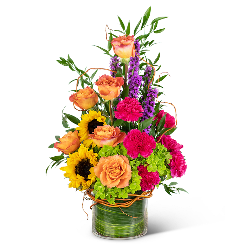 Treasured Memories Vase Treasured Memories Vase - Sympathy flowers are a meaningful way to celebrate the life of the deceased, and forever treasure the memories you made together. Our Treasured Memories Vase features Free Spirit roses, sunflowers, bright pink carnations, liatris, stock, green hydrangea, premium foliage, and curly willow. Funeral flowers bring healing in many ways, they serve as a memorial to honor the one that we lost, all while providing comfort to the friends and family left behind.