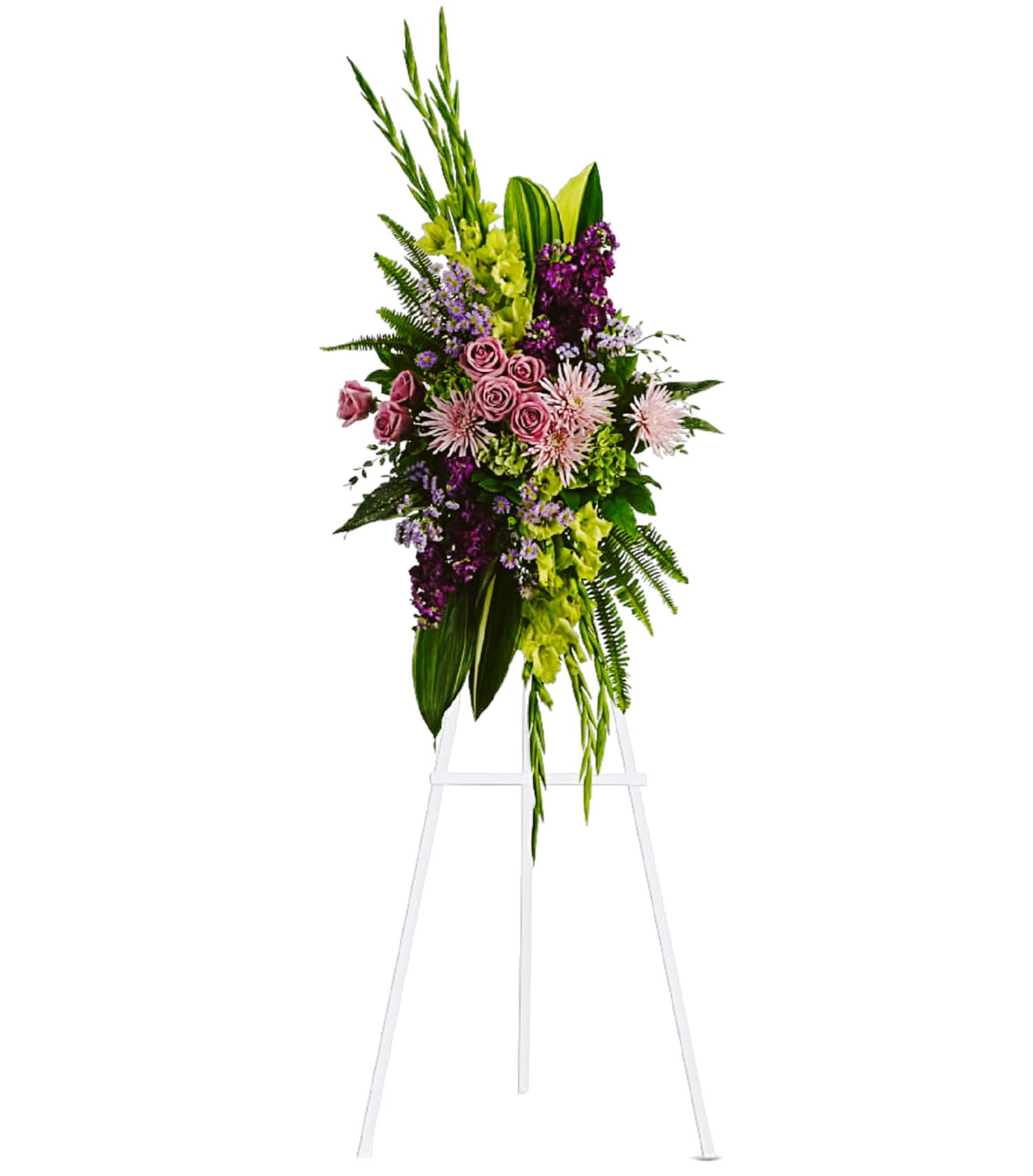 The Endless Sky Standing Spray - Soft lavender flowers - roses, fuji chrysanthemums, and asters - blend with rich purple stock, yellow gladioli, and majestic green hydrangea in this bold floral celebration of life. This stunning standing spray incorporates lush tropical greenery.  DETAILS Includes lavender larkspurs, roses, carnations, and asters, plus, green cymbidium orchids and fuji chrysanthemums.  EASEL INCLUDED Orientation: One-Sided *If you would like to add a ribbon with a sentiment for an additional $10 each. Item #NF-1038  FLORIST-TO-DOOR Same day flower delivery on most orders placed online by 12 pm or 10 am on weekends PST.  BLOOM DETAILS Roses Gladiolas Stock Hydrangeas Fuji-Chrysanthemums Monte-Casino Statice Greenery  The Standard Arrangement is approx. 54&quot; H x 25&quot; W (SHOWN) The Deluxe Arrangement is approx. 58&quot; H x 29&quot; W The Premium Arrangement is approx. 62&quot; H x 33&quot; W  INSTRUCTIONS: 1.) Please have the business name of the funeral home, address &amp; phone number. 2.) Please have the first name &amp; last name of the deceased. 3.) Please have the start time of the services. 4.) If you would like for us to write a brief message on a small business card-size note, please have your message ready.  How to place an order? 1. You can place an order directly on this secure website OR 2. You can call in your order by dialing: (323) 262 - 9238 OR 3. You can visit our store (appointment recommended 323.262.9238)  NINFA'S FLOWERS 2405 WHITTIER BLVD. LOS ANGELES, CA. 90023