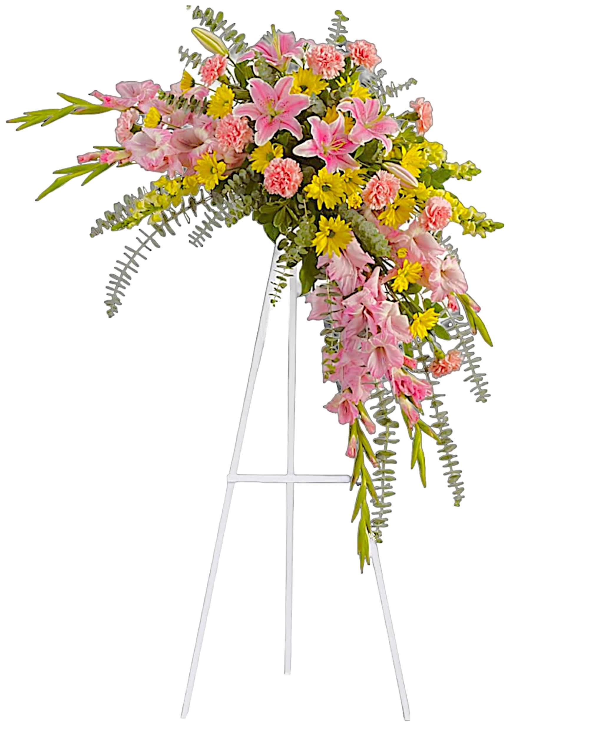 Sweet Solace Standing Spray - Soft, soothing pink lilies &amp; yellow daisies are crafted into a crescent standing spray - what a lovely remembrance of your friendship. A grand display appropriate for the funeral home, memorial service, or gravesite.  DETAILS Comforting flowers such as pink oriental lilies, gladioli and carnations, plus yellow snapdragons and chrysanthemums. Accented with fragrant eucalyptus.   EASEL INCLUDED Orientation: One-Sided *If you would like to add a ribbon with a sentiment for an additional $10 each. Item #NF-1041  FLORIST-TO-DOOR Same day flower delivery on most orders placed online by 12 pm or 10 am on weekends PST.  BLOOM DETAILS Gladiolas Oriental Lilies Daisy Mums Carnations Greenery  The Standard Arrangement is approx. 43&quot;H x 38&quot;W (without stand) The Deluxe Arrangement is approx. 46&quot;H x 40&quot;W (without stand) The Premium Arrangement is approx. 49&quot;H x 42&quot;W (without stand)  INSTRUCTIONS: 1.) Please have the business name of the funeral home, address &amp; phone number. 2.) Please have the first name &amp; last name of the deceased. 3.) Please have the start time of the services. 4.) If you would like for us to write a brief message on a small business card-size note, please have your message ready.  How to place an order? 1. You can place an order directly on this secure website OR 2. You can call in your order by dialing: (323) 262 - 9238 OR 3. You can visit our store (appointment recommended 323.262.9238)  NINFA'S FLOWERS 2405 WHITTIER BLVD. LOS ANGELES, CA. 90023
