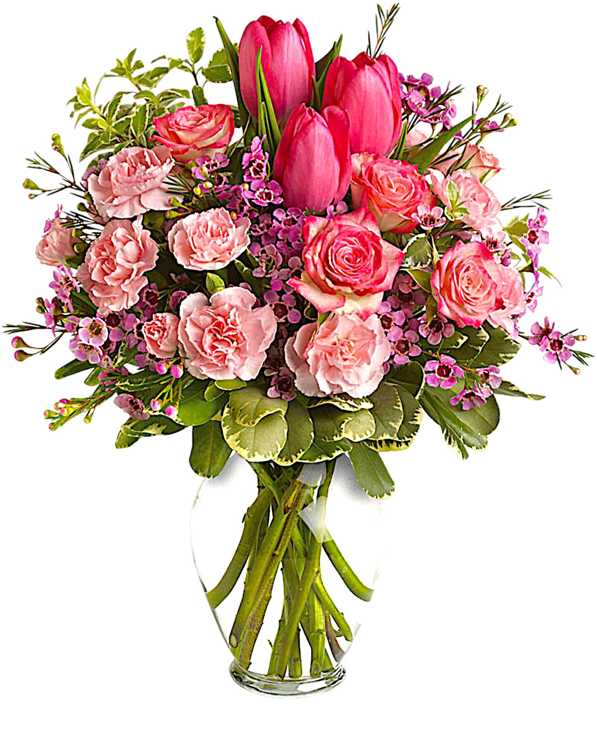 Full Of Love - It's beauty-full! Bursting with tantalizing tulips and radiant roses, this delightful pink arrangement brings spring joy to that special someone.  DETAILS Includes pink spray roses, tulips, mini-carnations and waxflower, accented with fresh pitta negra and variegated pittosporum. Delivered in a lovely glass vase.  VASE INCLUDED Item #NF-836 Orientation: All-Around  FLORIST-TO-DOOR Same day flower delivery on most orders placed online by 12 pm or 10 am on weekends PST.  BLOOM DETAILS Spray Roses Mini-Carnations Waxflower Filler Greenery  The Standard Arrangement is approx. 14 1/2&quot; H x 12&quot; W. The Deluxe Arrangement is approx. 15 3/4&quot; H x 12 1/2&quot; W. The Premium Arrangement is approx. 17&quot; H x 13&quot; W.  How to place an order? 1. You can place an order directly on this secure website OR 2. You can call in your order by dialing: (323) 262 - 9238 OR 3. You can visit our store (appointment recommended 323.262.9238)  NINFA'S FLOWERS 2405 WHITTIER BLVD. LOS ANGELES, CA. 90023  ATTENTION: *Please note that on busy holidays, Valentine's Day, and Mother's Day, we cannot verify if the recipient received the flowers until the following day. You can verify delivery on the website after 10:00 pm, call 323.262.9238 the following day after 10:00 am, or contact the recipient directly. Thank you for your patience and understanding.