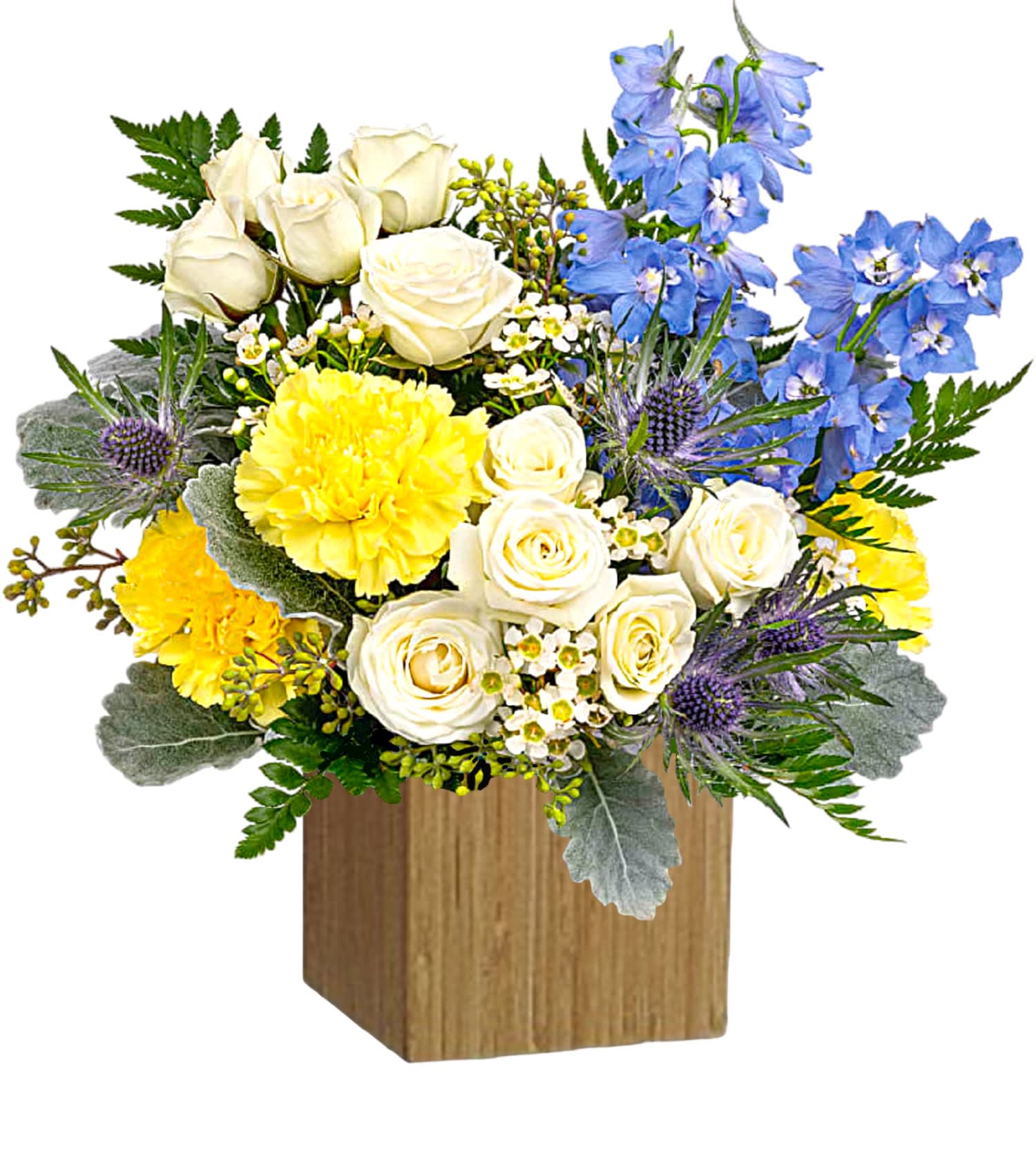 Dreaming of Blue Flower Arrangement - Like wispy clouds in a bright blue sky, this beautiful arrangement of white and blue flowers in a wooden box is a refreshing gift for any occasion.  DETAILS This breathtaking arrangement includes white spray roses, light blue delphinium, blue eryngium, white waxflower, yellow carnations, seeded eucalyptus, dusty miller, and leatherleaf fern.   WOODEN CUBE INCLUDED Orientation: All-Around Item #NF-827  FLORIST-TO-DOOR Same day flower delivery on most orders placed online by 12 pm or 10 am on weekends PST.  BLOOM DETAILS Roses Spray-Roses Carnations Delphinium Eryngium Seasonal Filler Greenery  The Standard Arrangement is approx. 13&quot; H x 12 1/2&quot; W. (does not include Reg. Roses) The Deluxe Arrangement is approx. 13 1/4&quot; H x 12 3/4&quot; W. The Premium Arrangement is approx. 13 1/4&quot; H x 13 3/4&quot; W.  How to place an order? 1. You can place an order directly on this secure website OR 2. You can call in your order by dialing: (323) 262 - 9238 OR 3. You can visit our store (appointment recommended 323.262.9238)  NINFA'S FLOWERS 2405 WHITTIER BLVD. LOS ANGELES, CA. 90023  ATTENTION: *Please note that on busy holidays, Valentine's Day, and Mother's Day, we cannot verify if the recipient received the flowers until the following day. You can verify delivery on the website after 10:00 pm, call 323.262.9238 the following day after 10:00 am, or contact the recipient directly. Thank you for your patience and understanding.