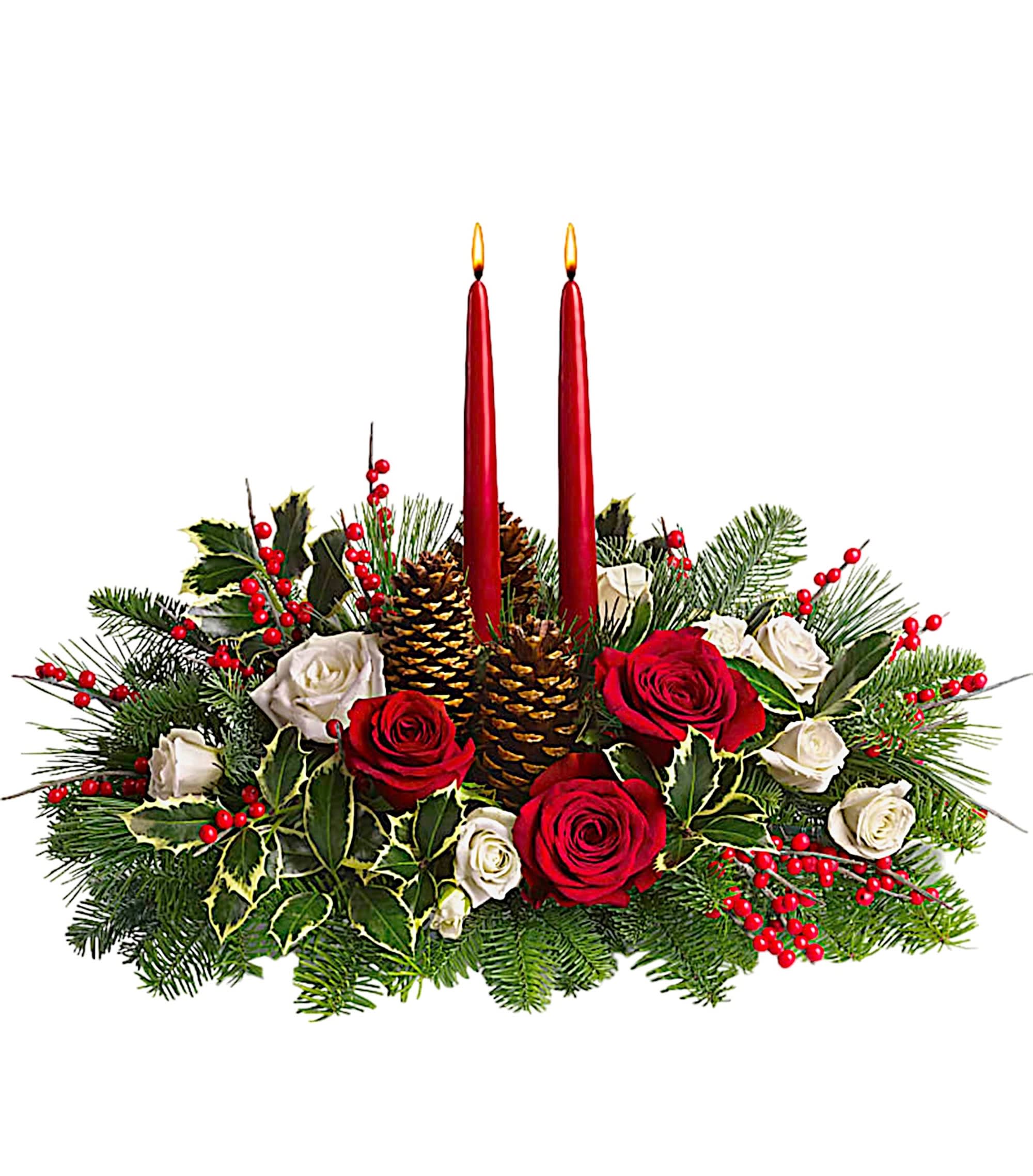 Christmas Wishes Centerpiece - Your wishes for a classic Christmas centerpiece have come true! This elegant arrangement features two glowing red taper candles atop a bed of Christmas greens, and luxurious roses.  DETAILS Red and white roses are mixed with festive Christmas greens, and variegated holly beneath two red taper candles. Red berries and pinecones add to the Christmas fun.  CANDLES INCLUDED (NEVER LEAVE BURNING CANDLES UNATTENDED) Orientation: All-Around Item #NF-824  FLORIST-TO-DOOR Same day flower delivery on most orders placed online by 12 pm or 10 am on weekends PST.  BLOOM DETAILS Roses Spray Roses Asiatic Lilies (Not included in Standard size) Greenery  The Standard Arrangement is approx. 17&quot; H x 21&quot; W. The Deluxe Arrangement is approx. 17&quot; H x 22&quot; W. The Premium Arrangement is approx. 17&quot; H x 23&quot; W.  How to place an order? 1. You can place an order directly on this secure website OR 2. You can call in your order by dialing: (323) 262 - 9238 OR 3. You can visit our store (appointment recommended 323.262.9238)  NINFA'S FLOWERS 2405 WHITTIER BLVD. LOS ANGELES, CA. 90023  ATTENTION: *Please note that on busy holidays, Valentine's Day, and Mother's Day, we cannot verify if the recipient received the flowers until the following day. You can verify delivery on the website after 10:00 pm, call 323.262.9238 the following day after 10:00 am, or contact the recipient directly. Thank you for your patience and understanding.