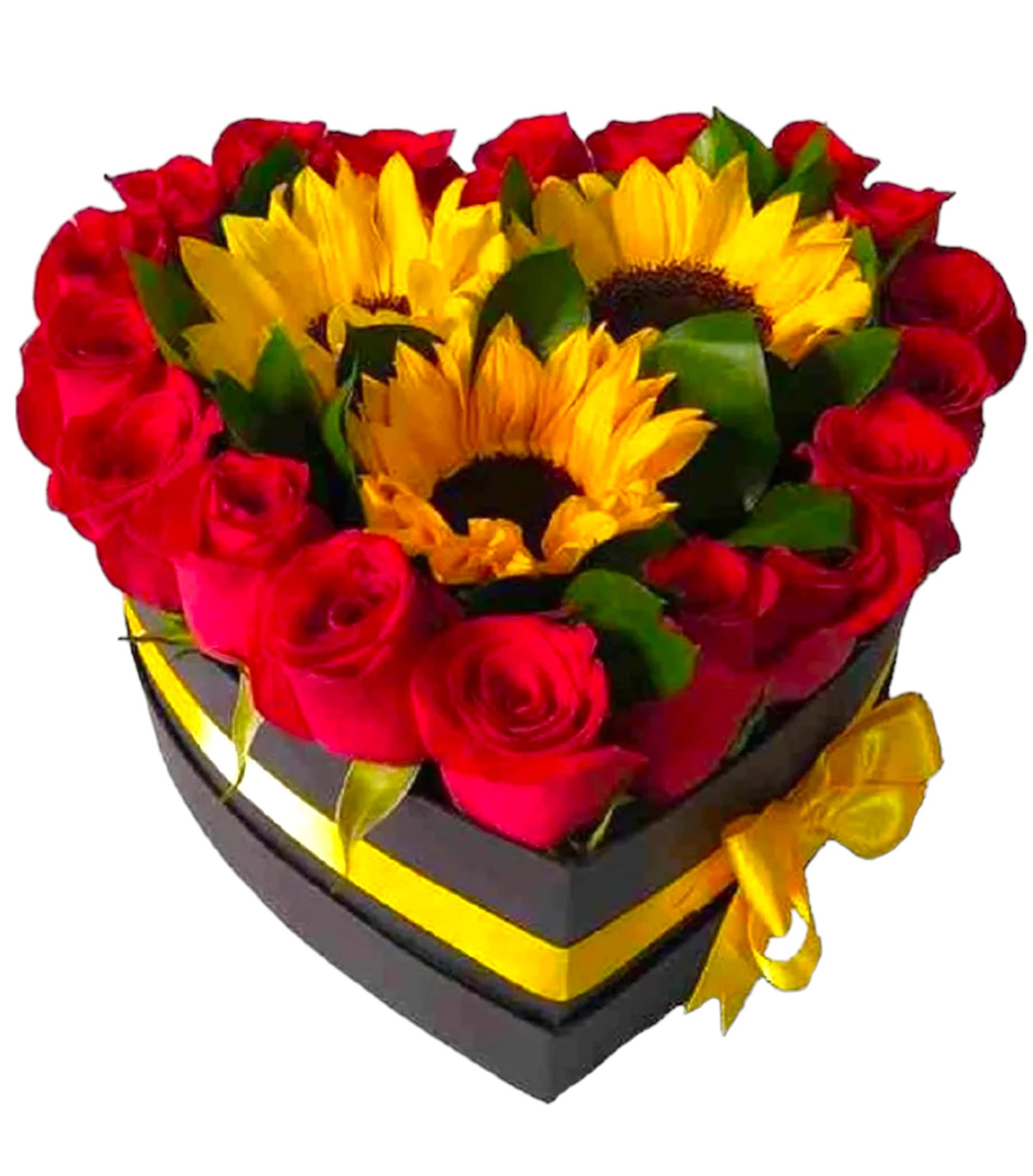 I Love You Sunshine - Heart Box Arrangement - Put a smile on their face - and in their heart - with this happy-as-can-be arrangement! This cheerful gift of roses, sunflowers, and lush greens spread happiness wherever it goes. If you want to make a really big impression, surprise them with a delivery to the office. Imagine the oohs and ahhs of their co-workers - and your special someone.  DETAILS This cheerful arrangement includes red roses, and yellow sunflowers, accented with greenery, and arranged in a black heart box.  HEART BOX INCLUDED Orientation: One-Sided Item #NF-327  FLORIST-TO-DOOR Same day flower delivery on most orders placed online by 12 pm or 10 am on weekends PST.  BLOOM DETAILS Red Roses  Yellow Sunflowers Greenery  The Standard Arrangement (SHOWN) The Deluxe Arrangement  The Premium Arrangement  How to place an order? 1. You can place an order directly on this secure website OR 2. You can call in your order by dialing: (323) 262 - 9238 OR 3. You can visit our store (appointment recommended 323.262.9238)  NINFA'S FLOWERS 2405 WHITTIER BLVD. LOS ANGELES, CA. 90023  ATTENTION: *Please note that on busy holidays, Valentine's Day, and Mother's Day, we cannot verify if the recipient received the flowers until the following day. You can verify delivery on the website after 10:00 pm, call 323.262.9238 the following day after 10:00 am, or contact the recipient directly. Thank you for your patience and understanding.