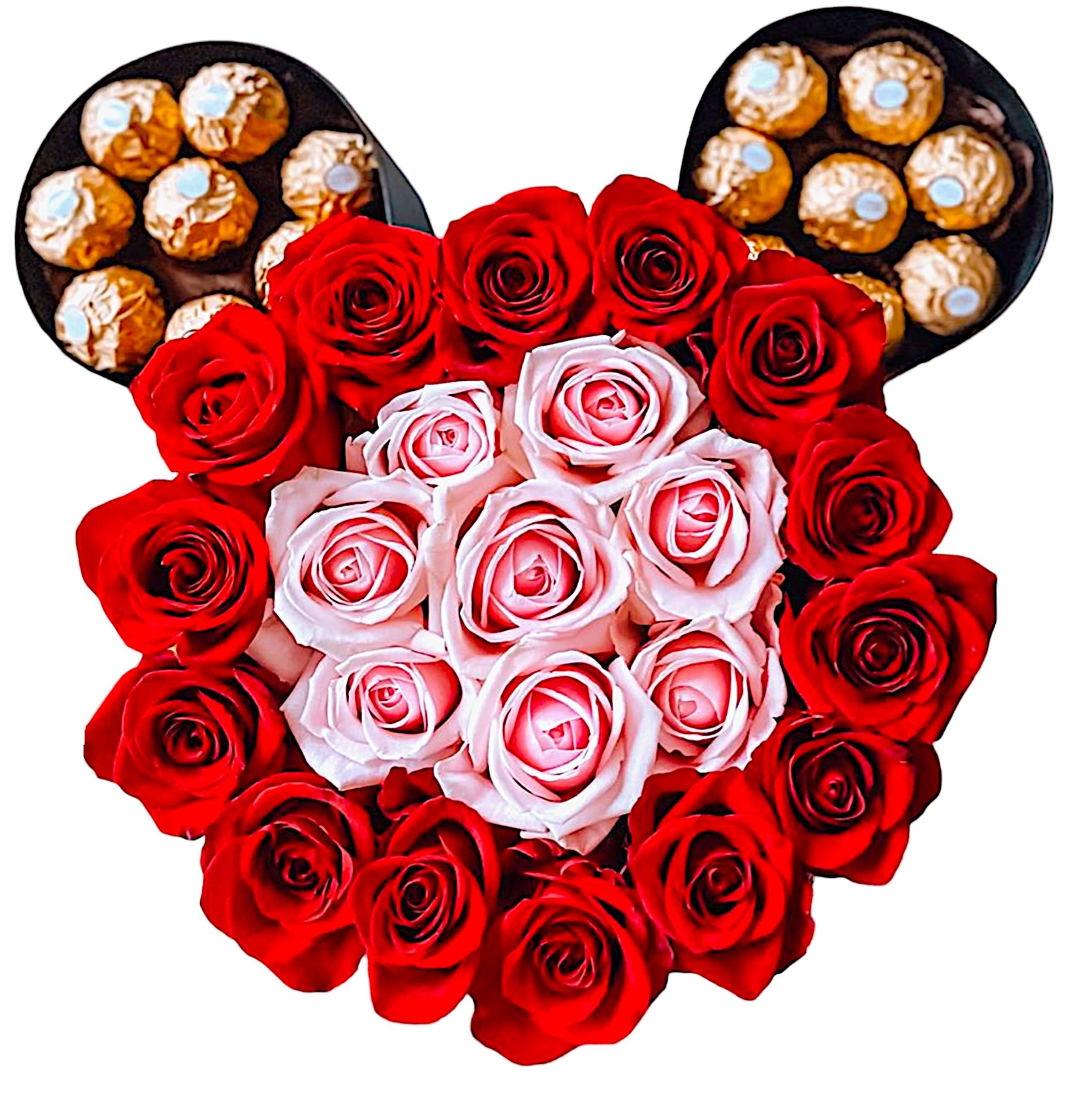 Pink &amp; Red Mickey Rose Sweetness Box - A modern flower arrangement in a Mickey box filled with roses &amp; Ferrero Rocher Chocolates.  DETAILS This Mickey box arrangement includes red and pink roses, and for an extra treat, Ferrero Rocher Chocolates.  MICKEY BOX CONTAINER INCLUDED Orientation: All-Around Item #NF-919  FLORIST-TO-DOOR Same day flower delivery on most orders placed online by 12 pm or 10 am on weekends PST.  BLOOM DETAILS Roses  The Standard Arrangement - 22 Roses &amp; 16 Ferrero Rocher Chocolates (SHOWN) The Deluxe Arrangement  The Premium Arrangement   How to place an order? 1. You can place an order directly on this secure website OR 2. You can call in your order by dialing: (323) 262 - 9238 OR 3. You can visit our store (appointment recommended 323.262.9238)  NINFA'S FLOWERS 2405 WHITTIER BLVD. LOS ANGELES, CA. 90023  ATTENTION: *Please note that on busy holidays, Valentine's Day, and Mother's Day, we cannot verify if the recipient received the flowers until the following day. You can verify delivery on the website after 10:00 pm, call 323.262.9238 the following day after 10:00 am, or contact the recipient directly. Thank you for your patience and understanding.