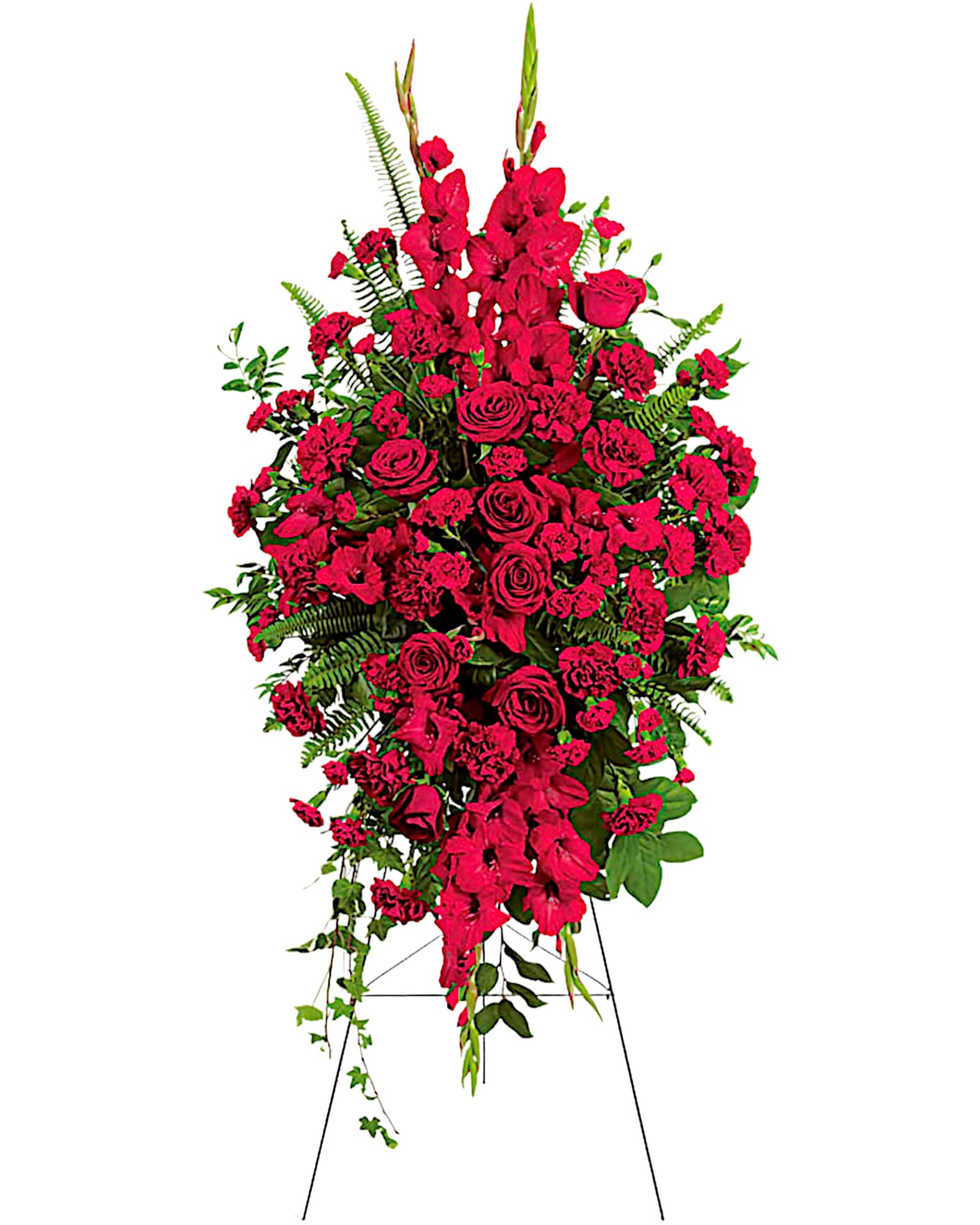 Deep in Our Hearts - Standing Spray - Express your heartfelt sympathies with this magnificent spray of all-red floral favorites. It is a beautiful and vibrant way to help ease the pain of loss.  DETAILS The radiant arrangement includes red roses, red gladioli, red carnations, and red miniature carnations, accented with assorted greenery.  EASEL INCLUDED Orientation: One-Sided *If you would like to add a ribbon with a sentiment for an additional $10 each. Item #NF-1050  FLORIST-TO-DOOR Same day flower delivery on most orders placed online by 12 pm or 10 am on weekends PST.  BLOOM DETAILS Roses Carnations Mini-Carnations Gladiolas Greenery  The Standard Arrangement is approx. 52&quot; H x 26&quot; W (SHOWN) The Deluxe Arrangement is approx. 56&quot; H x 30&quot; W The Premium Arrangement is approx. 60&quot; H x 34&quot; W  INSTRUCTIONS: 1.) Please have the business name of the funeral home, address &amp; phone number. 2.) Please have the first name &amp; last name of the deceased. 3.) Please have the start time of the services. 4.) If you would like for us to write a brief message on a small business card-size note, please have your message ready.  How to place an order? 1. You can place an order directly on this secure website OR 2. You can call in your order by dialing: (323) 262 - 9238 OR 3. You can visit our store (appointment recommended 323.262.9238)  NINFA'S FLOWERS 2405 WHITTIER BLVD. LOS ANGELES, CA. 90023