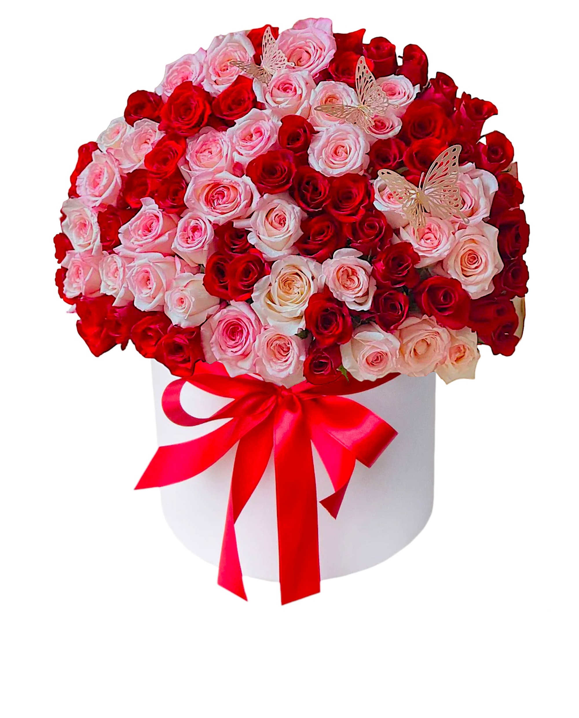 Sweetheart Arrangement - Pink and Red Roses - A modern flower arrangement in a cylinder box filled with roses.  DETAILS This cylinder box arrangement includes red and pink roses, arranged.  CYLINDER BOX INCLUDED Orientation: One-Sided Item #NF-35  FLORIST-TO-DOOR Same day flower delivery on most orders placed online by 12 pm or 10 am on weekends PST.  BLOOM DETAILS Roses  The Standard Arrangement - 84 Roses (SHOWN) The Deluxe Arrangement - 96 Roses The Premium Arrangement - 108 Roses  How to place an order? 1. You can place an order directly on this secure website OR 2. You can call in your order by dialing: (323) 262 - 9238 OR 3. You can visit our store (appointment recommended 323.262.9238)  NINFA'S FLOWERS 2405 WHITTIER BLVD. LOS ANGELES, CA. 90023  ATTENTION: *Please note that on busy holidays, Valentine's Day, and Mother's Day, we cannot verify if the recipient received the flowers until the following day. You can verify delivery on the website after 10:00 pm, call 323.262.9238 the following day after 10:00 am, or contact the recipient directly. Thank you for your patience and understanding.