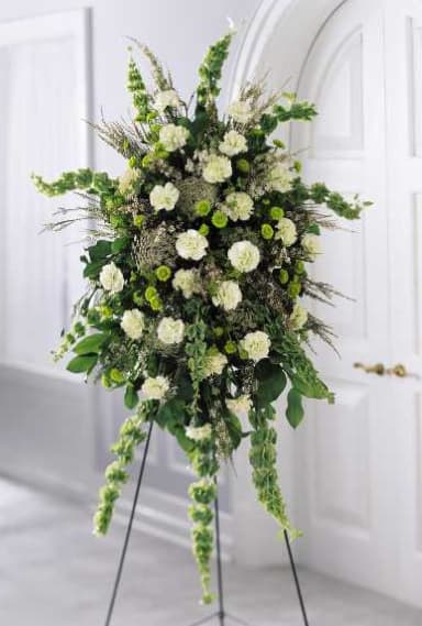 Splendor Standing Spray - This standing spray is graced with two dozen green carnations. White waxflower, Bells of Ireland, and Queen Anne's lace add to its tonal beauty. Delivered on an easel, this one-sided design is suitable for the funeral home or service.