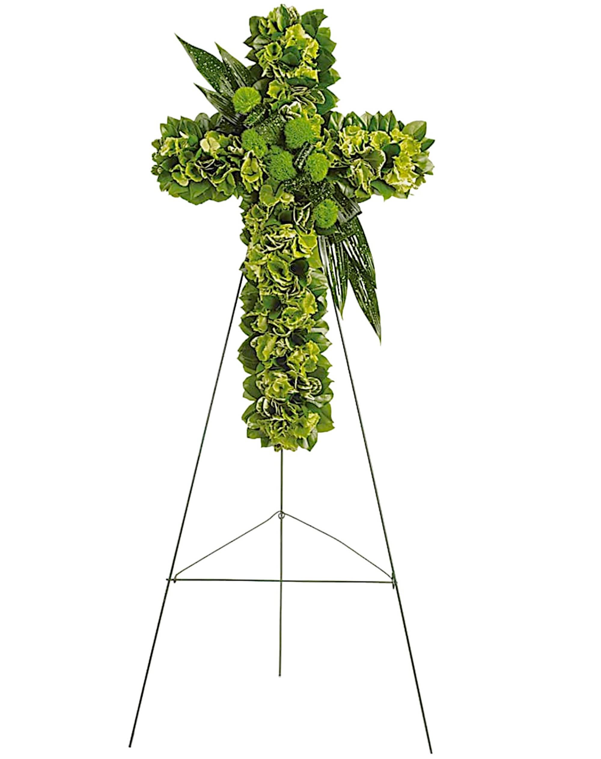 Garden Cross - Stunningly simple, this lovely floral cross is a beautiful addition to the memorial service, honoring someone for whom faith was an essential part of life.  DETAILS The exquisite arrangement includes green hydrangea, green trick dianthus, variegated pittosporum, accented with Israeli ruscus and other assorted greenery. A grand display appropriate for the funeral home, memorial service, or gravesite.  EASEL INCLUDED Orientation: One-Sided *If you would like to add a ribbon with a sentiment for an additional $10 each. Item #NF-1071  FLORIST-TO-DOOR Same day flower delivery on most orders placed online by 12 pm or 10 am on weekends PST.  BLOOM DETAILS Hydrangeas Green Trick Greenery  The Standard Arrangement is approx. 34 1/2&quot;H x 22&quot;W (without stand) The Deluxe Arrangement is approx. 38&quot;H x 24&quot;W (without stand) The Premium Arrangement is approx. 42&quot;H x 26&quot;W (without stand)  INSTRUCTIONS: 1.) Please have the business name of the funeral home, address &amp; phone number. 2.) Please have the first name &amp; last name of the deceased. 3.) Please have the start time of the services. 4.) If you would like for us to write a brief message on a small business card-size note, please have your message ready.  How to place an order? 1. You can place an order directly on this secure website OR 2. You can call in your order by dialing: (323) 262 - 9238 OR 3. You can visit our store (appointment recommended 323.262.9238)  NINFA'S FLOWERS 2405 WHITTIER BLVD. LOS ANGELES, CA. 90023