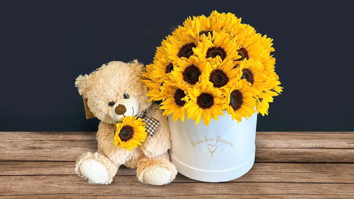 Sunflower Box White &amp; sweet Teddy bear  - sunflower &amp; Box sunflower, teddy bear 