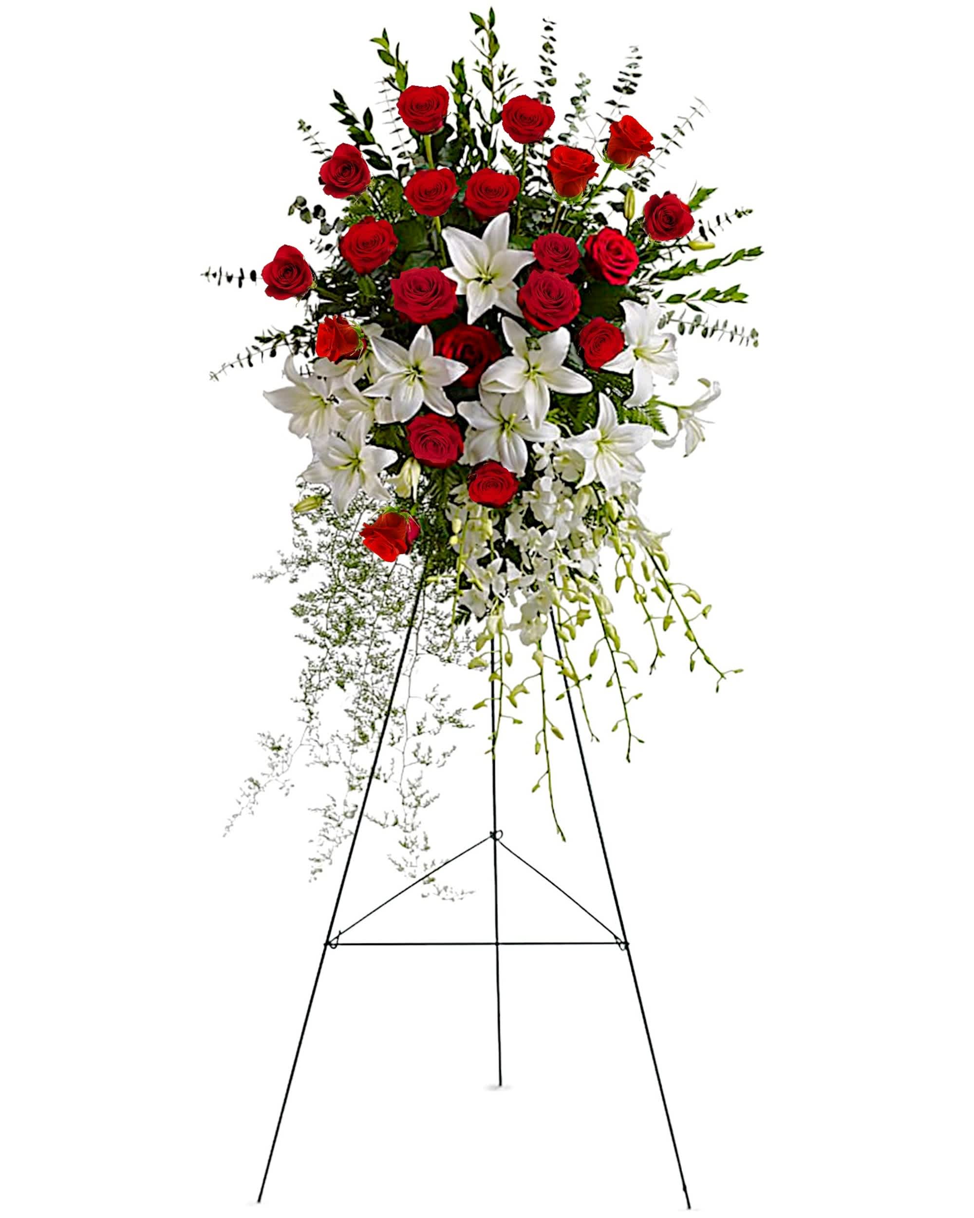 Lily and Rose Tribute Spray - Make a statement of enduring love and tribute with this dramatic lily and rose funeral spray, presented on an easel for ease of placement. Red roses, white lilies and cascading white orchids are elegant funeral flowers fit to honor someone truly special.  DETAILS Red roses, white Asiatic lilies and delicate dendrobium orchids are accented with myrtle, sprengeri fern, leatherleaf fern and spiral eucalyptus on a traditional funeral easel. A grand display appropriate for the funeral home, memorial service, or gravesite.  EASEL INCLUDED Orientation: One-Sided *If you would like to add a ribbon with a sentiment for an additional $10 each. Item #NF-1089  FLORIST-TO-DOOR Same day flower delivery on most orders placed online by 12 pm or 10 am on weekends PST.  BLOOM DETAILS Roses Asiatic Lilies Dendrobium Orchids Greenery  The Standard Arrangement is approx. 50&quot;H x 31&quot;W (without stand) (SHOWN) The Deluxe Arrangement is approx. 54&quot;H x 33&quot;W (without stand) The Premium Arrangement is approx. 58&quot;H x 35&quot;W (without stand)  INSTRUCTIONS: 1.) Please have the business name of the funeral home, address &amp; phone number. 2.) Please have the first name &amp; last name of the deceased. 3.) Please have the start time of the services. 4.) If you would like for us to write a brief message on a small business card-size note, please have your message ready.  NINFA'S FLOWERS 2405 WHITTIER BLVD. LOS ANGELES, CA. 90023