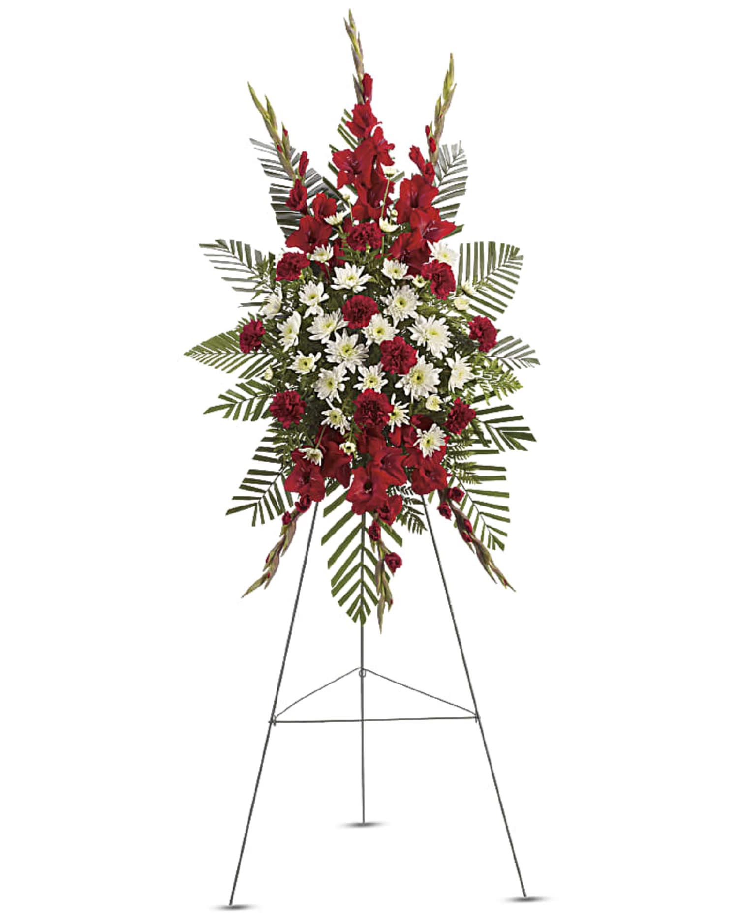 Strength &amp; Solace Standing Spray - Red &amp; White - A beautiful complement to the memorial service, this gorgeous spray of red and white floral favorites will be deeply appreciated by the family during their time of loss.  DETAILS The magnificent spray includes red gladioli, red carnations, and white cushion spray chrysanthemums, accented with emerald palm and leatherleaf fern.  EASEL INCLUDED Orientation: One-Sided *If you would like to add a ribbon with a sentiment for an additional $10 each. Item #NF-1043  FLORIST-TO-DOOR Same day flower delivery on most orders placed online by 12 pm or 10 am on weekends PST.  BLOOM DETAILS Carnations Gladiolas Cushion-Mums Greenery  The Standard Arrangement is approx. 47&quot; H x 27&quot; W (SHOWN) The Deluxe Arrangement is approx. 51&quot; H x 31&quot; W The Premium Arrangement is approx. 55&quot; H x 35&quot;   INSTRUCTIONS: 1.) Please have the business name of the funeral home, address &amp; phone number. 2.) Please have the first name &amp; last name of the deceased. 3.) Please have the start time of the services. 4.) If you would like for us to write a brief message on a small business card-size note, please have your message ready.  How to place an order? 1. You can place an order directly on this secure website OR 2. You can call in your order by dialing: (323) 262 - 9238 OR 3. You can visit our store (appointment recommended 323.262.9238)  NINFA'S FLOWERS 2405 WHITTIER BLVD. LOS ANGELES, CA. 90023