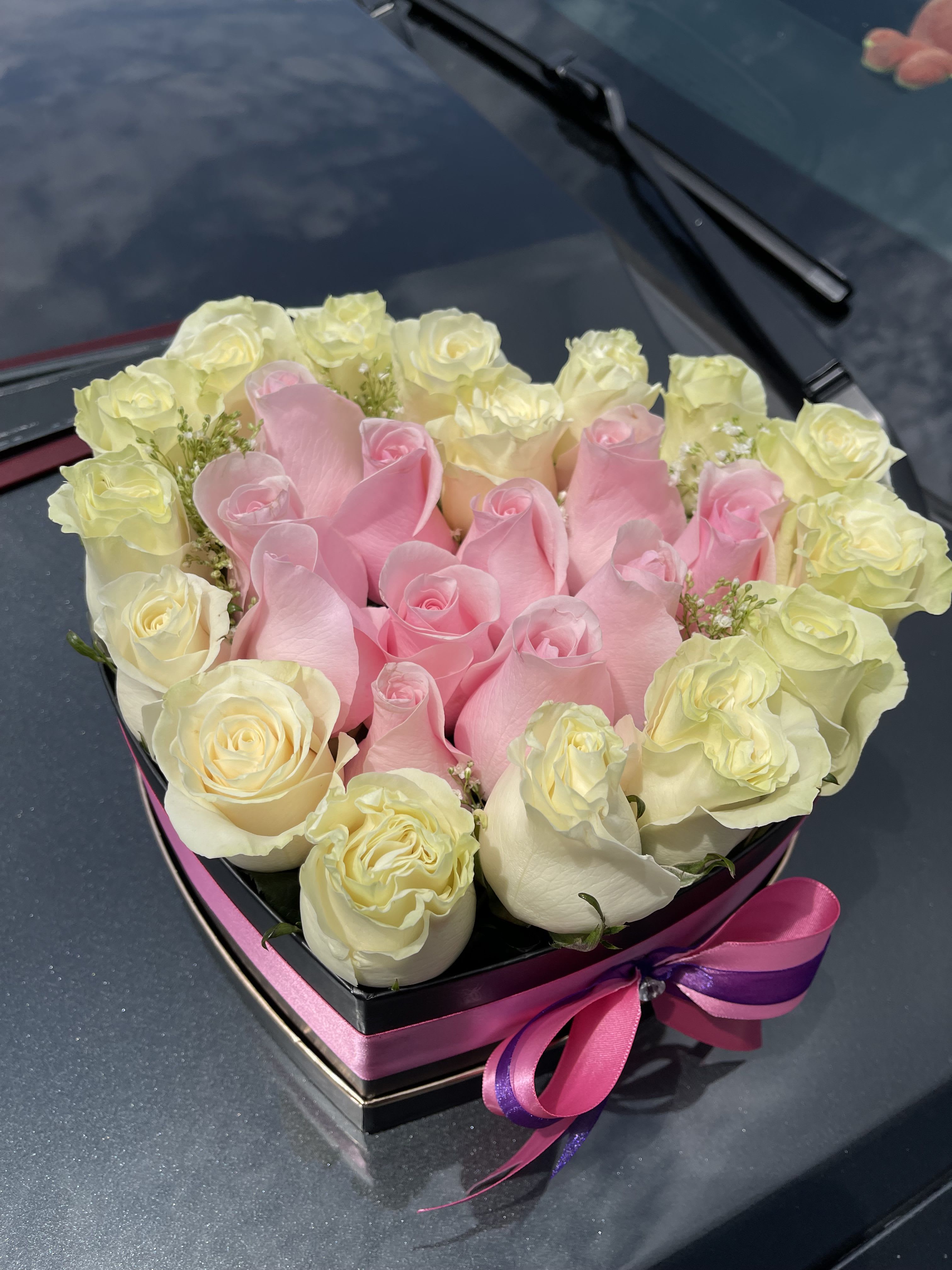 heart of friendship - heart box of pink and white roses 