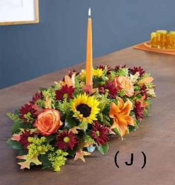 Center Piece Thanksgiving - Sunflower, Roses, Daisys , Lilies, Solidago, Autumn Leaf and candle