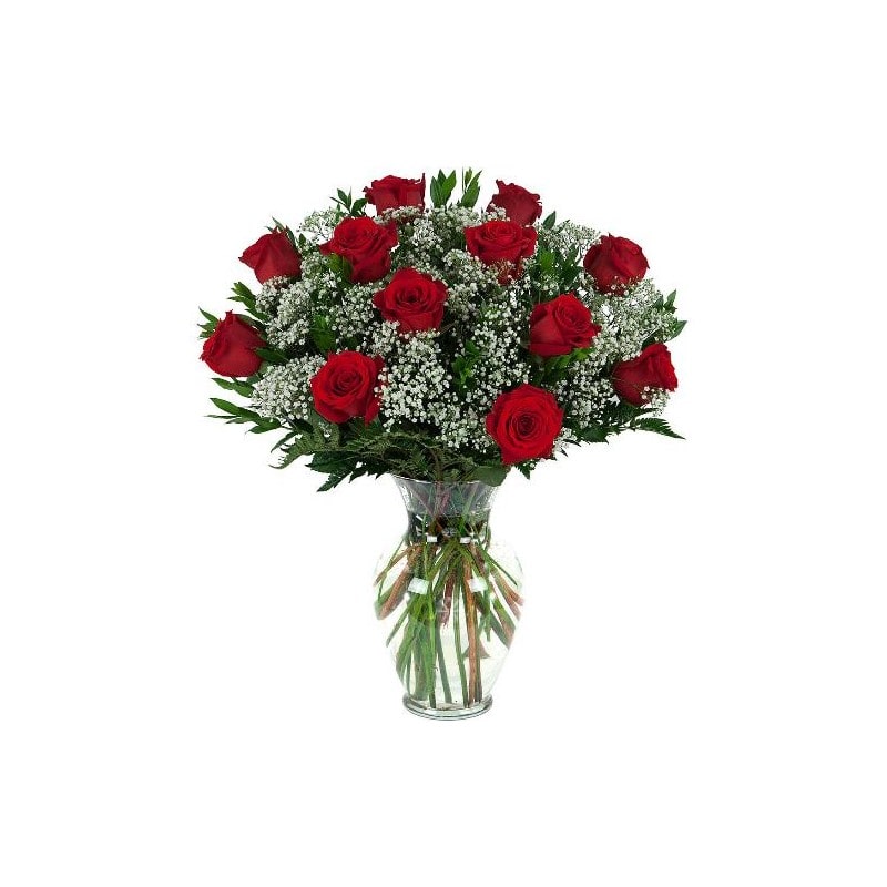 Classic Red Rose Arrangement With Baby's Breath  - A charming bouquet of a dozen fresh and fragrant red or any other color roses, adorned with just a bit of greenery, is a classic Valentine’s Day gift. Delivered in a clear glass vase, this bouquet is also a romantic standard for any day of the year. Can be done as a hand rapped bouquet or basket or box or in a vase.  