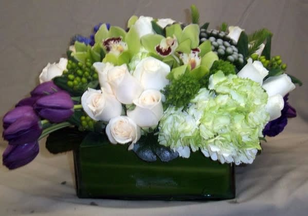 Midsummer Night's Dream Midsummer Night's Dream - Deep, rich purples and white make this an elegant and sophisticated centerpiece. *Standard size is approximately 11"x11".