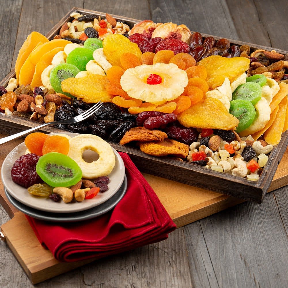 Fruit &amp; Nut Crate - This stunning Kosher gift is as pleasing to the eye as it is to the palate! Elegantly arranged in a beautiful 14&quot;x10&quot;x1.5&quot; wood tray are 38 ounces of ultra premium nuts and extra fancy dried fruits. Boasting dried California Angelino plums, sun-dried dates, and yellow peaches. This stunning arrangement is impossible to resist!