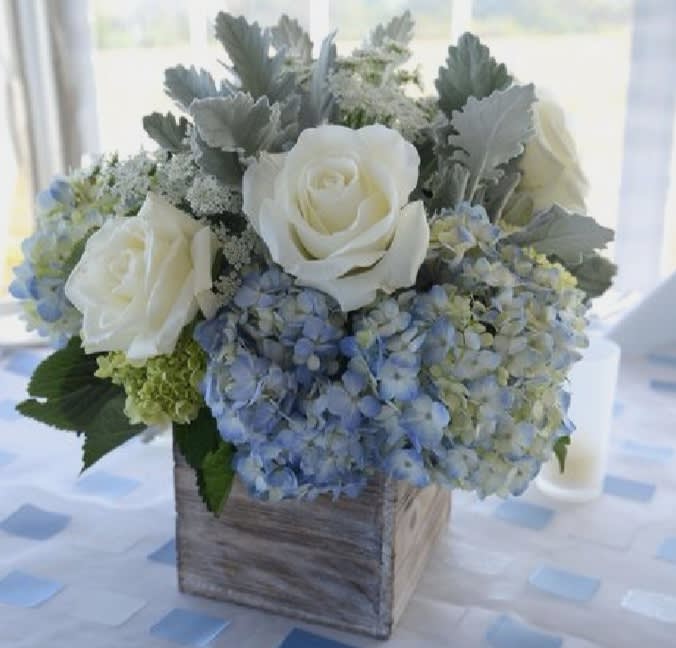 Edith Wood Box Edith Wood Box - Rustic Wood Box, with Blue Hydrangeas, White Roses, Dusty Miller, little Green Mix only details.