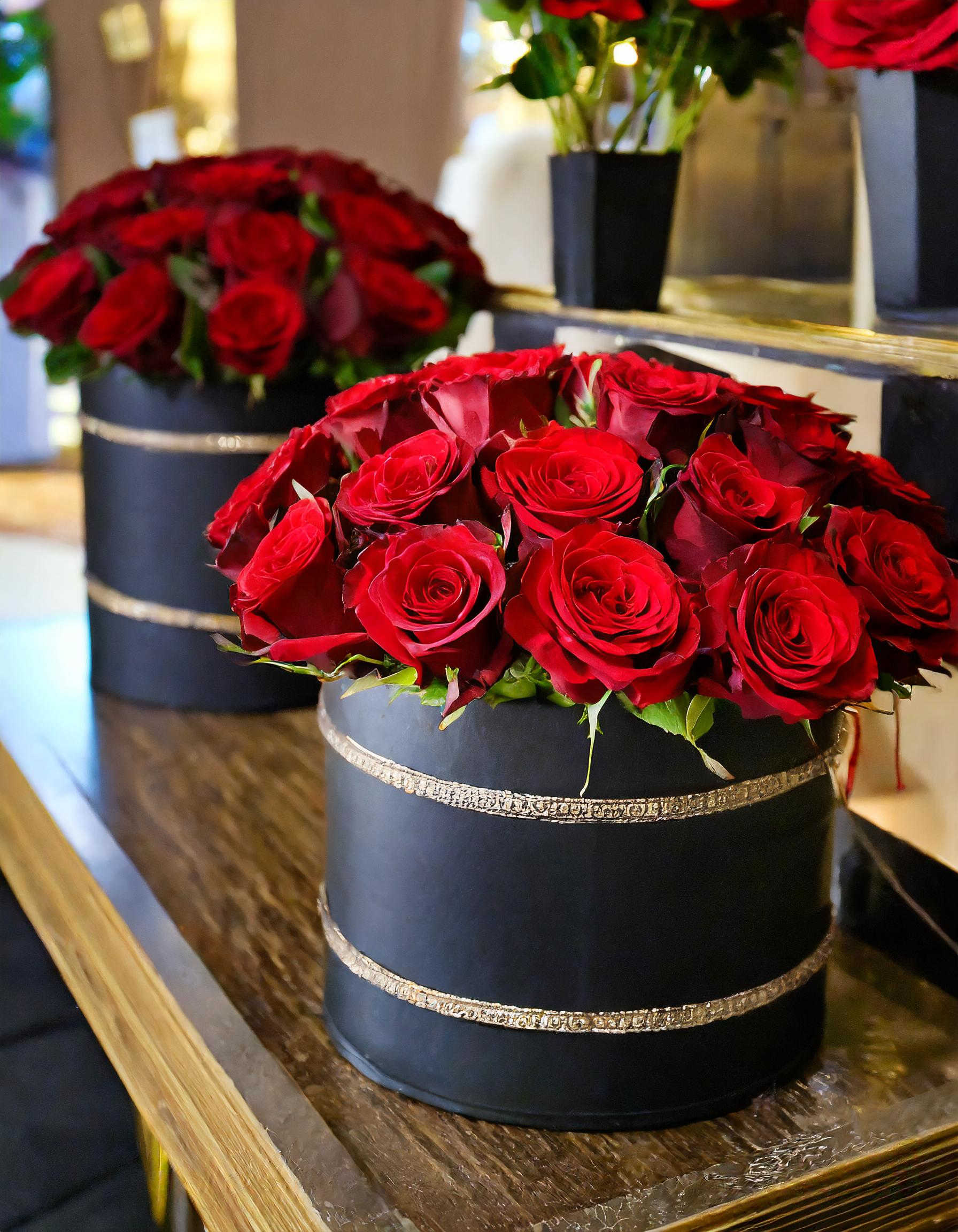 Love Blossoms Love Blossoms - Capturing love in every petal. Red roses in sleek black hatboxes - a timeless gift of passion and beauty. Happy Valentine's Day! Disclaimer: IMAGES PROVIDED ARE ALL IN STANDART SIZE. Photos and visual presentation of the products represent an overall style, look and feel, which we may not be able to identically replicate in some instances.
