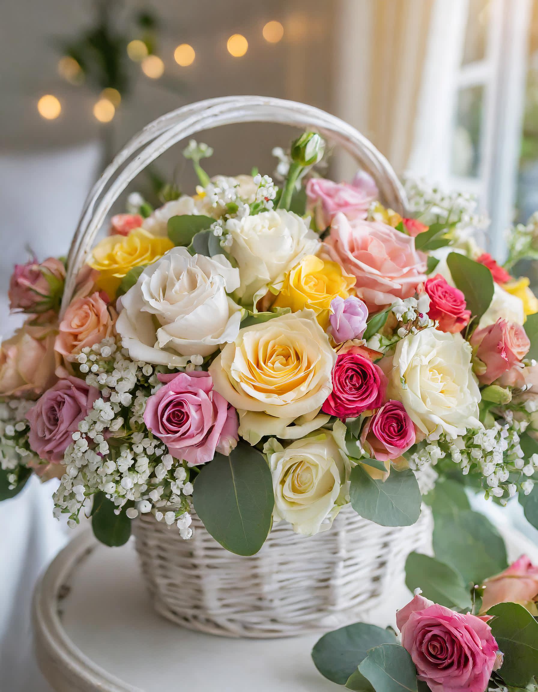 Gently a Sun-Kissed  - The soft colors of spring, gathered in a basket of flowers, bring a sense of freshness and happiness. Brighten up your space with this charming arrangement!  