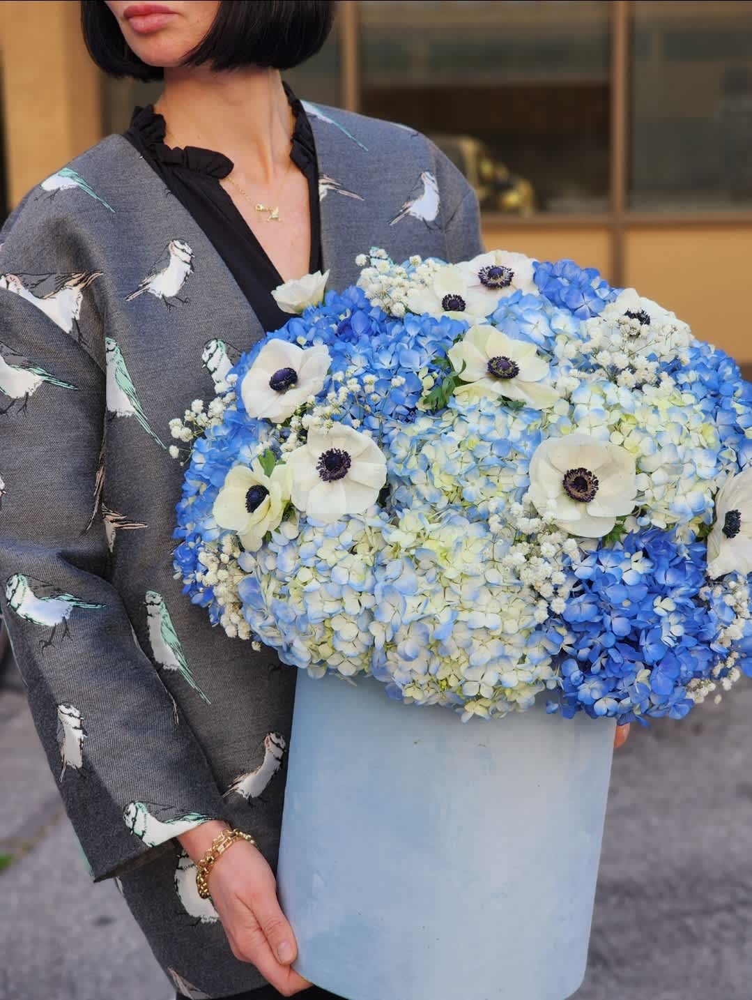 On Cloud Nine - Stunning blue hydrangeas complemented by delicate anemones, all presented in an elegant hatbox. It's a perfect blend of charm and sophistication.   RECOMMENDED FOR: Love and Romance, I Love You Flowers, Anniversary, Proposal,  Romantic Gift, Birthday, Get Well Soon, Celebrations, Best Wishes, Thank You, Congratulations, Just Because, New Baby, Everyday