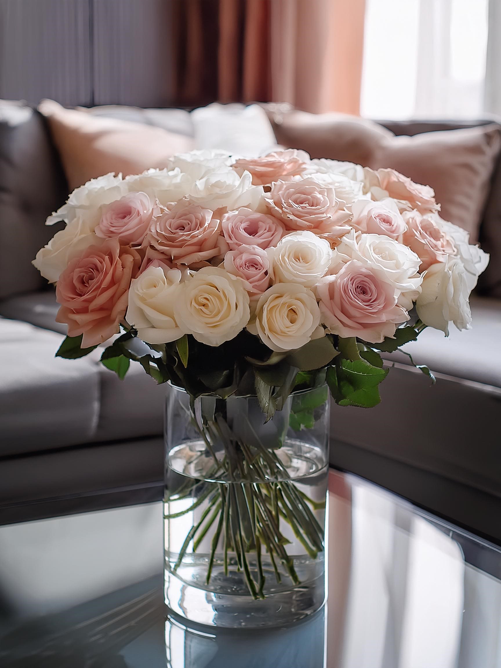 Serenity in Bloom Serenity in Bloom - A stunning classic floral arrangement featuring white and Quicksand roses exudes timeless elegance and luxury. The white roses symbolize purity, while the Quicksand roses add warmth with their soft blush tones, making this bouquet perfect for upscale events.