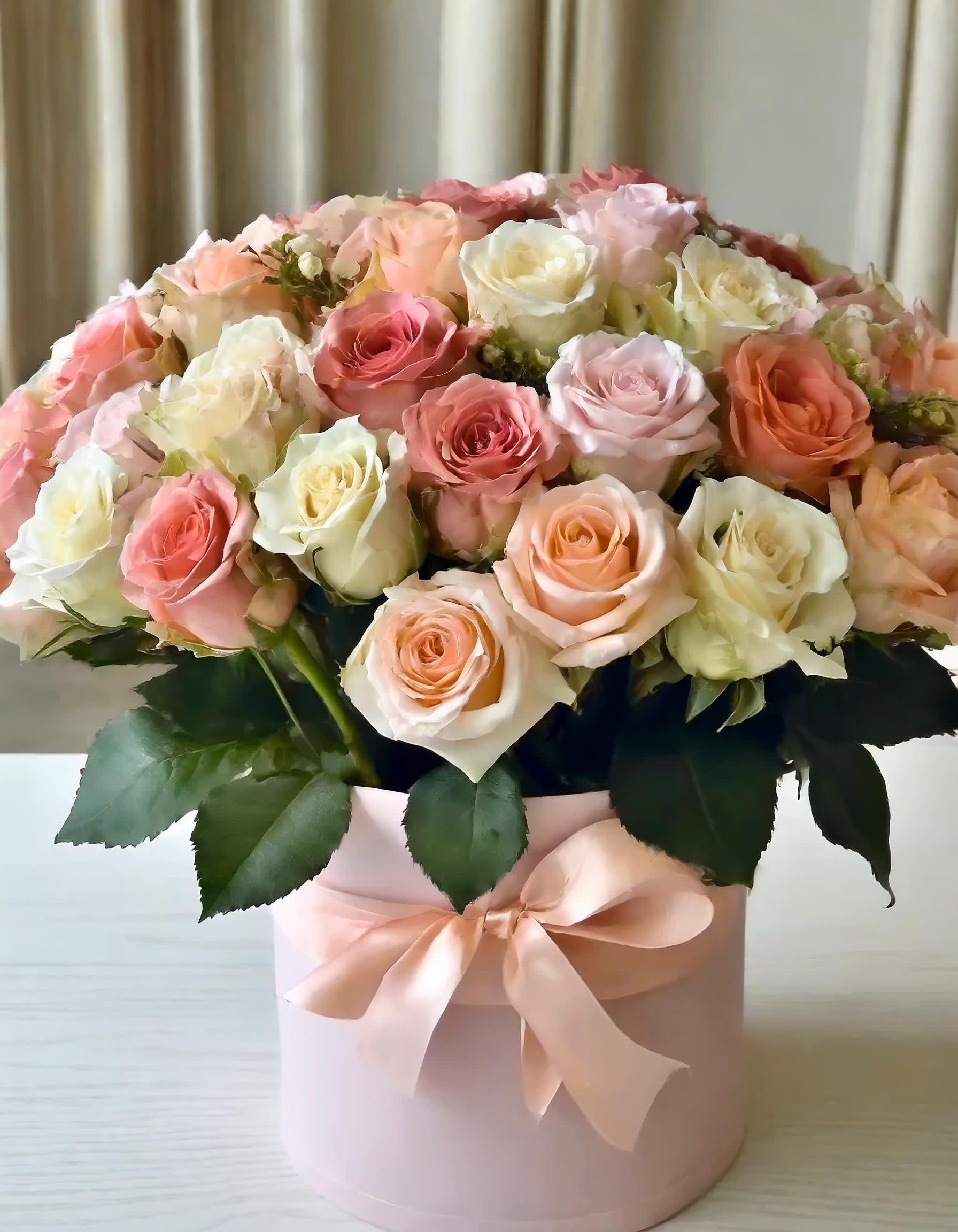 Innocent Flirting - A hatbox filled with a delicate arrangement of white, cream, and light pink roses exudes elegance and charm. Their soft tones symbolize warmth and affection, expressing sentiments that transcend mere words. When presented in a luxurious hatbox, these roses become not just a gift but a beautiful gesture of love and admiration.  Disclaimer: IMAGES PROVIDED ARE ALL IN DELUXE SIZE. 