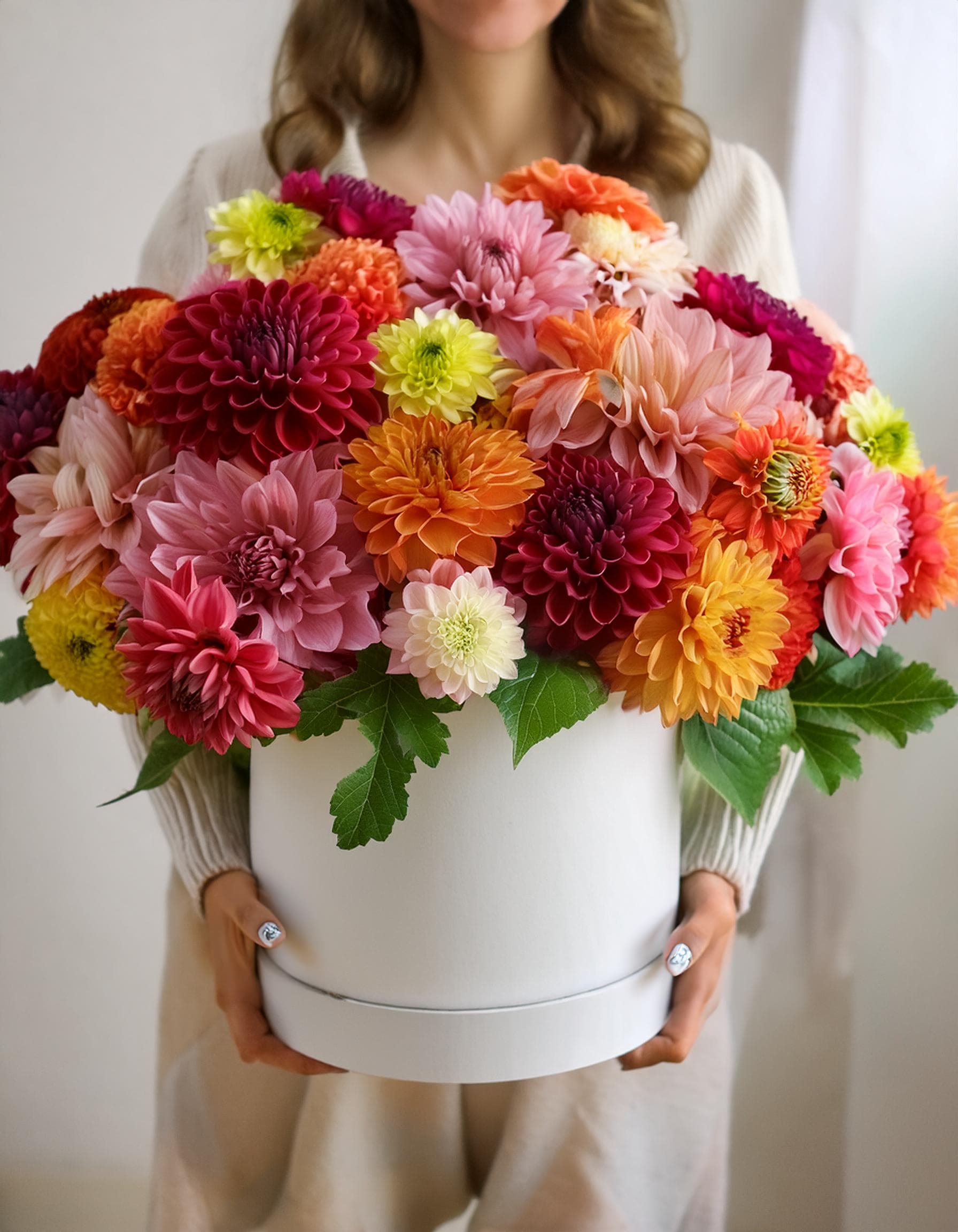 Colorful Life Colorful Life - Vibrant floral arrangement, beautifully displayed in a white hatbox. This stunning mix of dahlias in captivating shades of pink, orange, yellow, and purple. Eye-catching bouquet that exudes elegance and joy. Perfect for adding a splash of color to any occasion