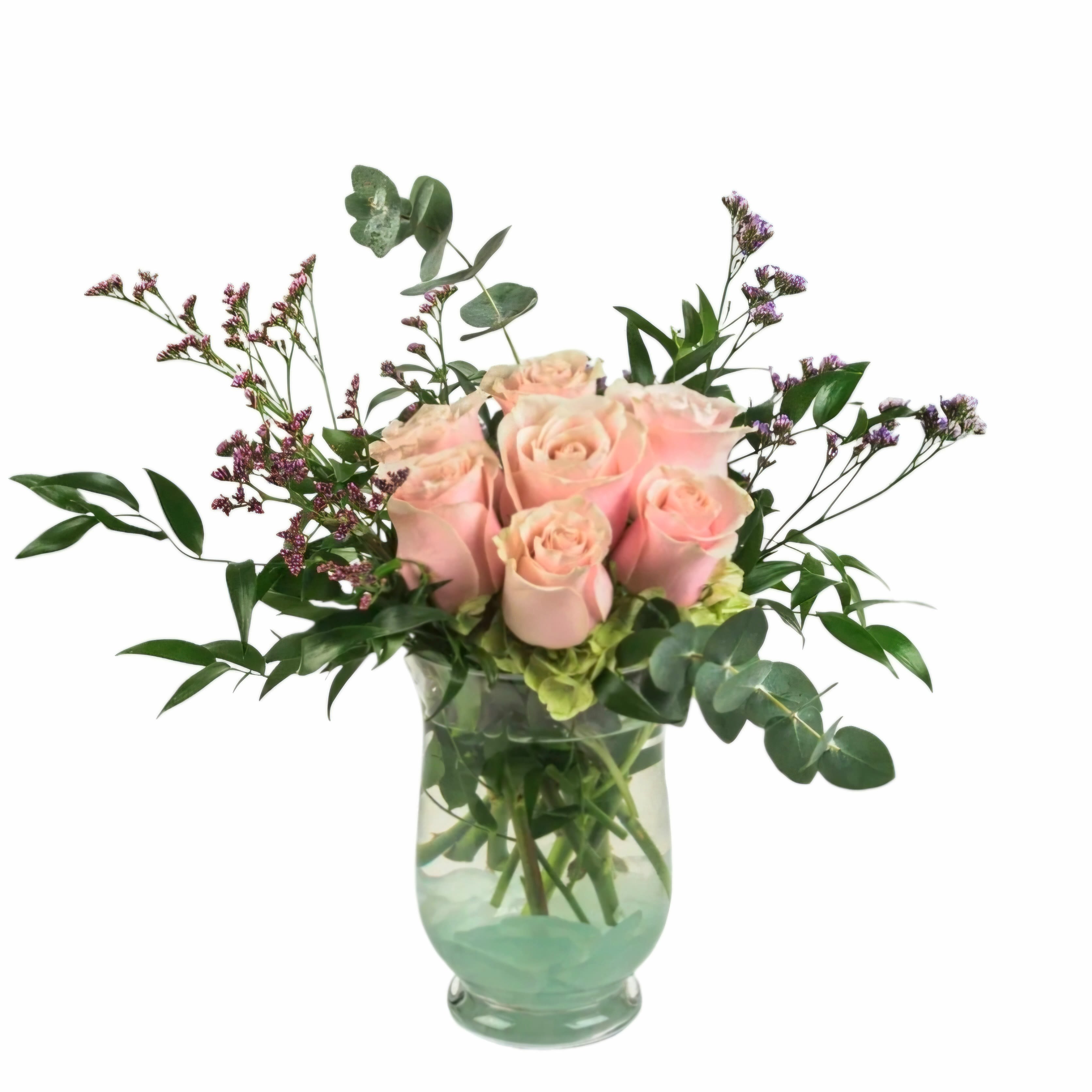 Daydreaming by BloomNation™ - Blush roses with a variety of greenery and eucalyptus come together for a lovely arrangement. A stylish and sweet way to dress up any space, send this arrangement for Mothers Day, Sister's Day, or Women's Day.    APPROXIMATE DIMENSIONS: 15&quot; W x 10&quot; H