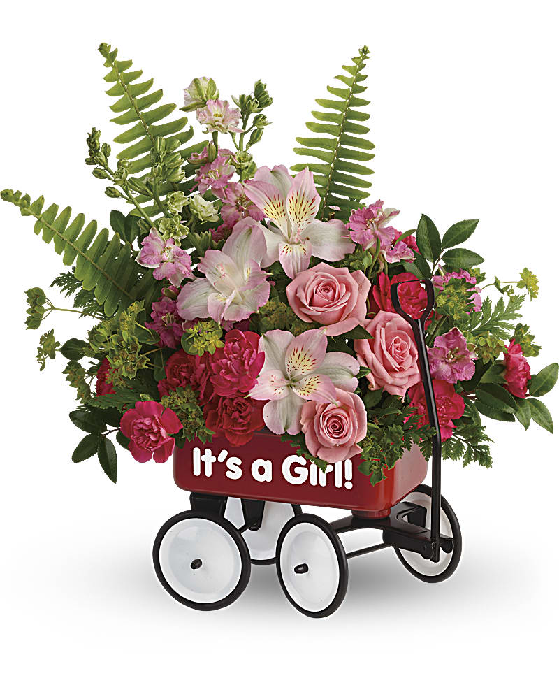 Welcome Beautiful Bouquet - A wondrous welcome wagon for the sweet little girl! Brimming with luxurious pink blooms and fresh greens, this cool red wagon is a whimsical way to celebrate a new arrival. This beautiful bouquet includes pink spray roses, light pink alstroemeria, miniature hot pink carnations, pink larkspur, bupleurum, huckleberry, sword fern, and leatherleaf fern.