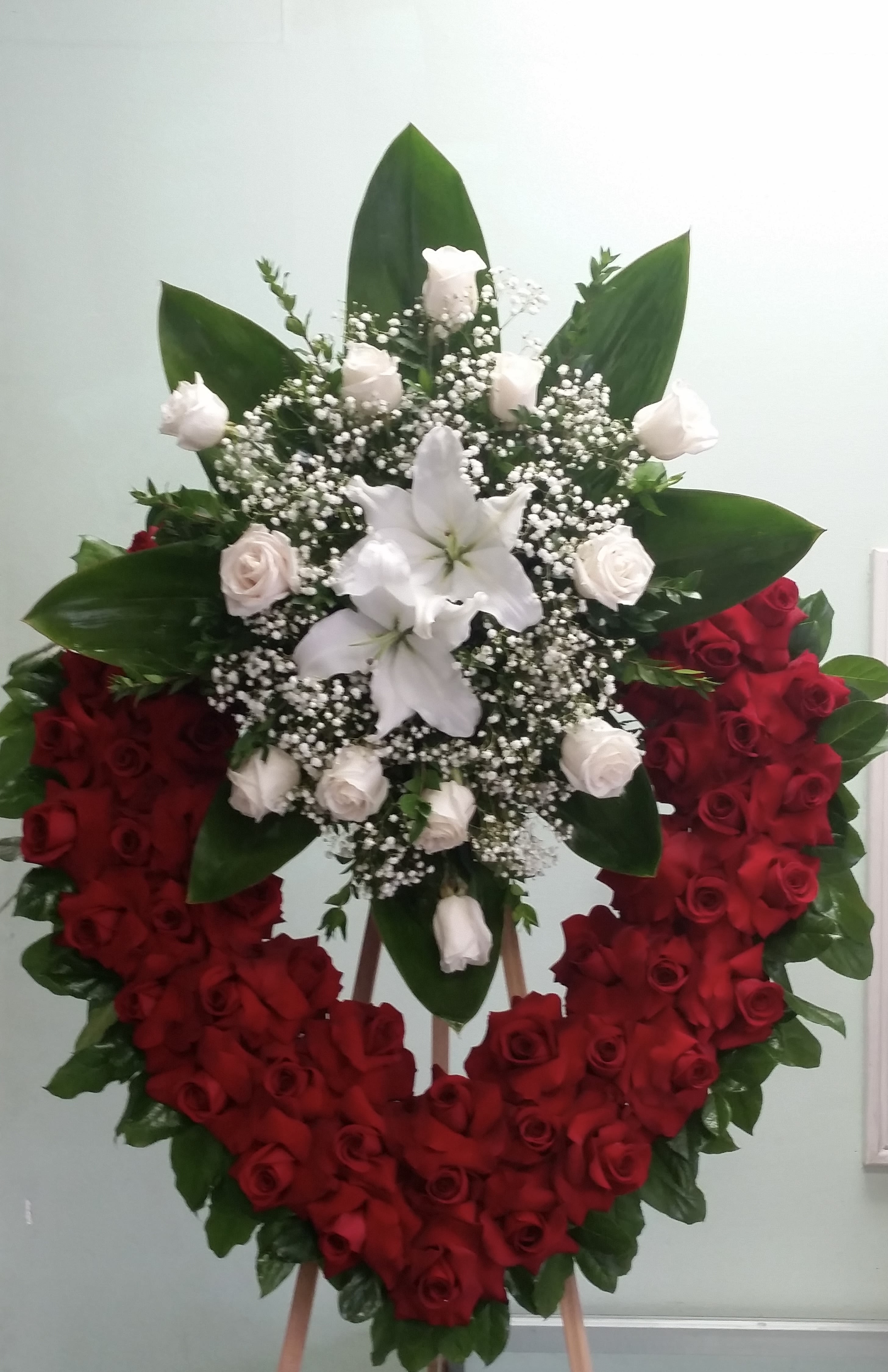 Eternal Heart of Love - Open heart with red roses, white roses, and white lilies.