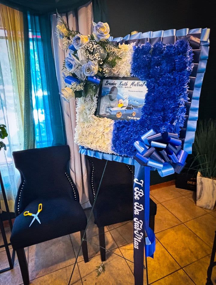 Custom Sympathy Picture Frame Arrangement - This arrangement take us into modern floristry  peaces. This can go to the repast after the service and the picture can be taken out as a keepsake. Your choice of color.
